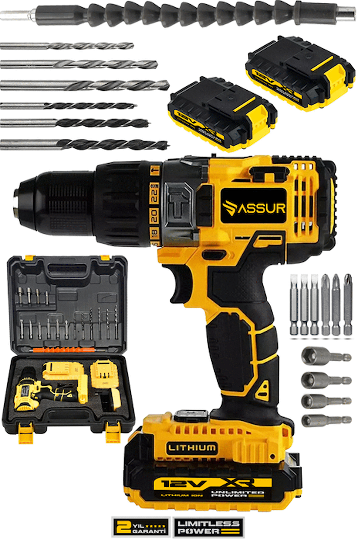 Assur 12V 1.5Ah Metal Şanzıman Çift Akülü Bakır Sargı 24 Parça Şarjlı Matkap Akülü Vidalama