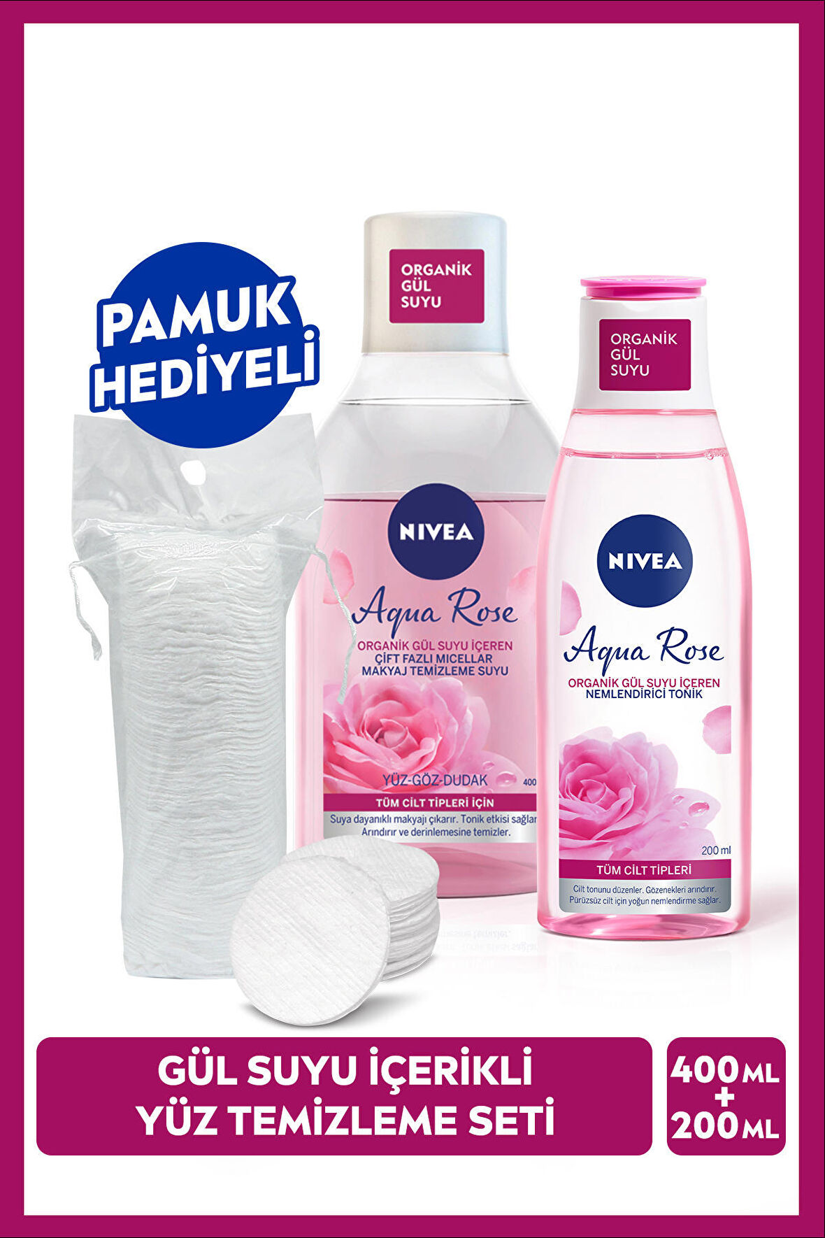 NIVEA Aqua Rose Gül Suyu İçeren Çift Fazlı Micellar Makyaj Temizleme Suyu 400ml Ve Nemlendirici Tonik 200ml, Cilt Bakım, Yüz Temizleme
