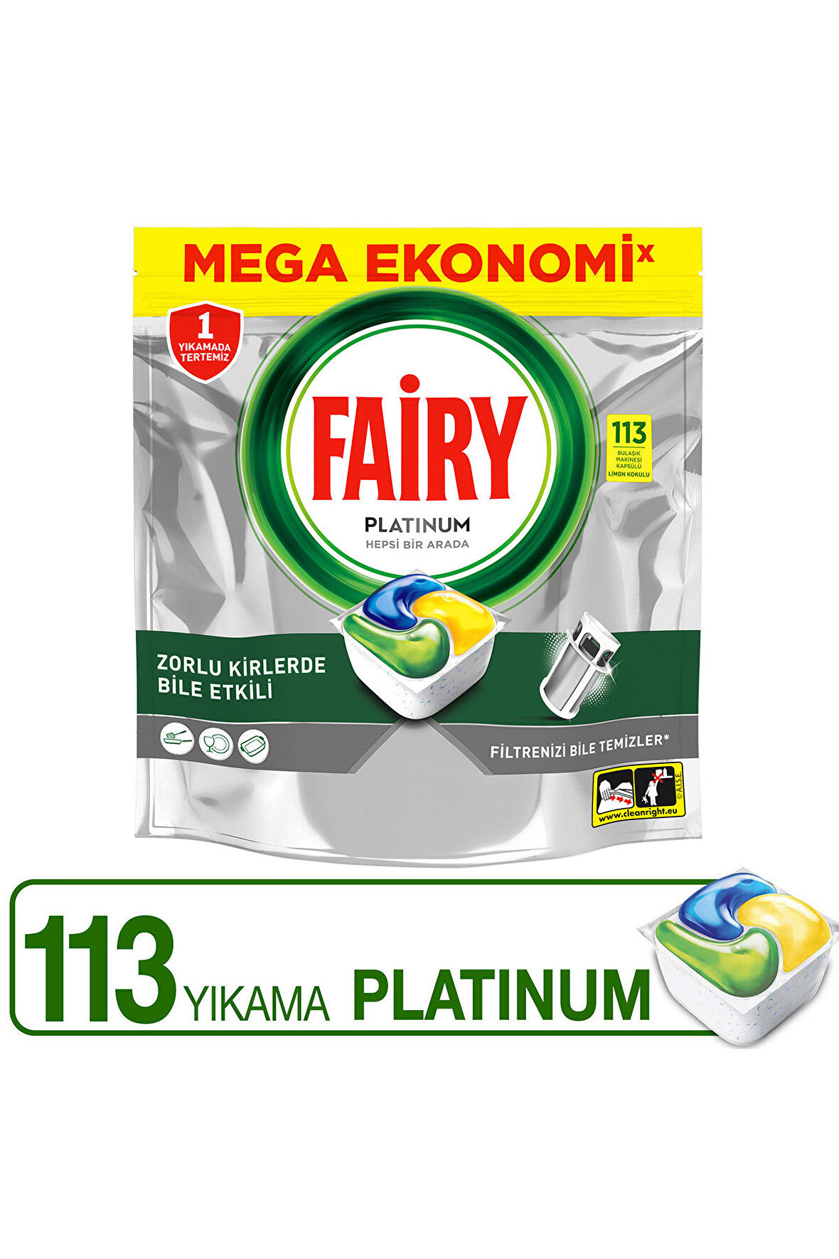 Fairy Platinum Bulaşık Makinesi 113 Yıkama Limon Kokulu