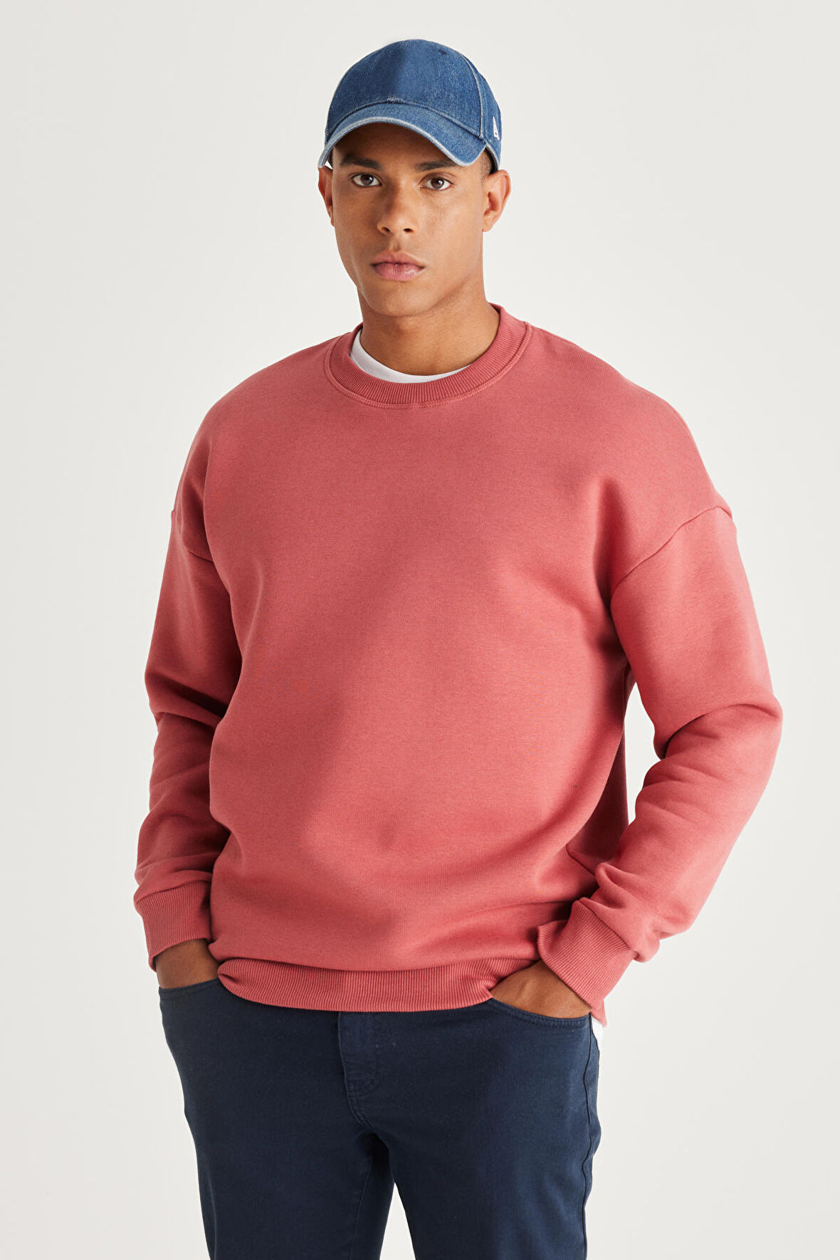 Erkek Mercan Oversize Bol Kesim Içi Polarlı 3 Iplik Bisiklet Yaka Pamuklu Sweatshirt