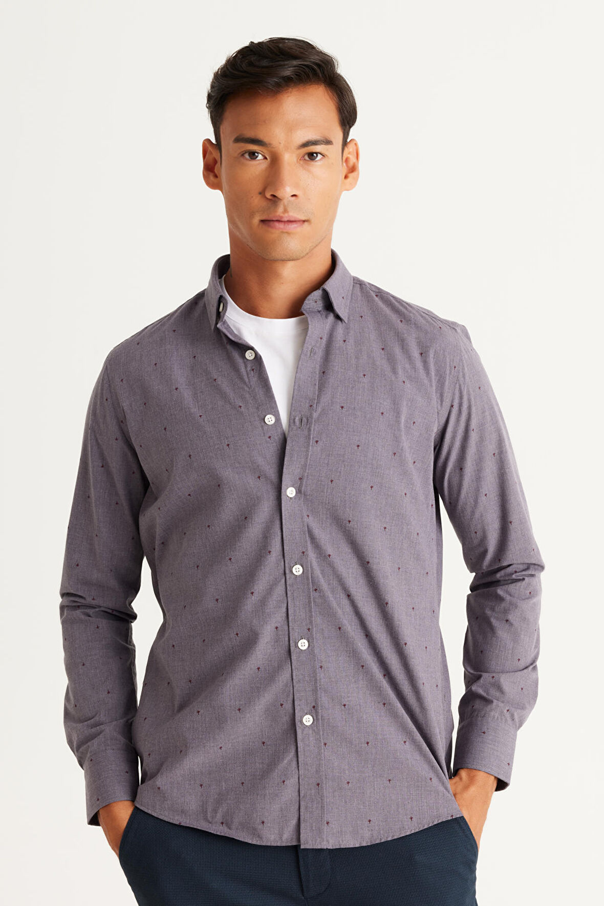 Erkek Gri Slim Fit Dar Kesim Gizli Düğme Yaka Desenli Gömlek