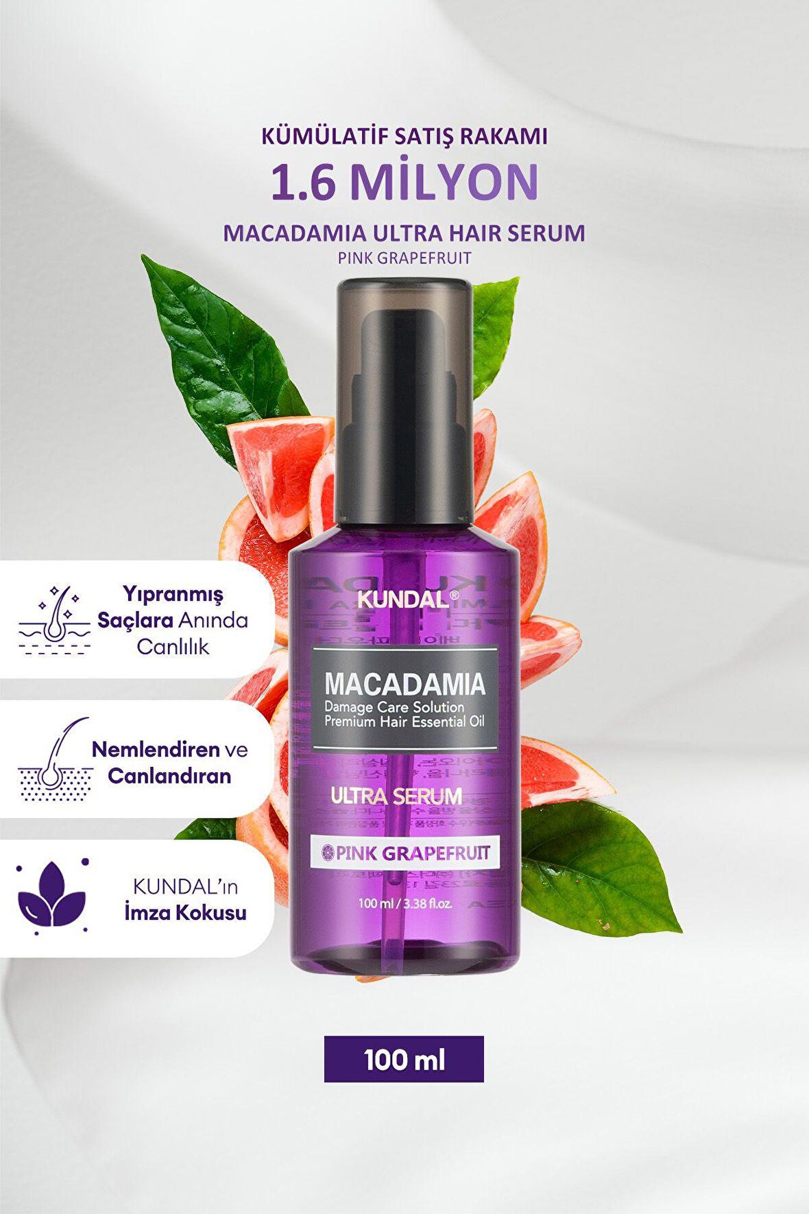 Besleyici Formüllü Parlaklık Sunan Saç Serumu Kundal Macadamia Hair Serum 100ml (Pink Grapefruit)