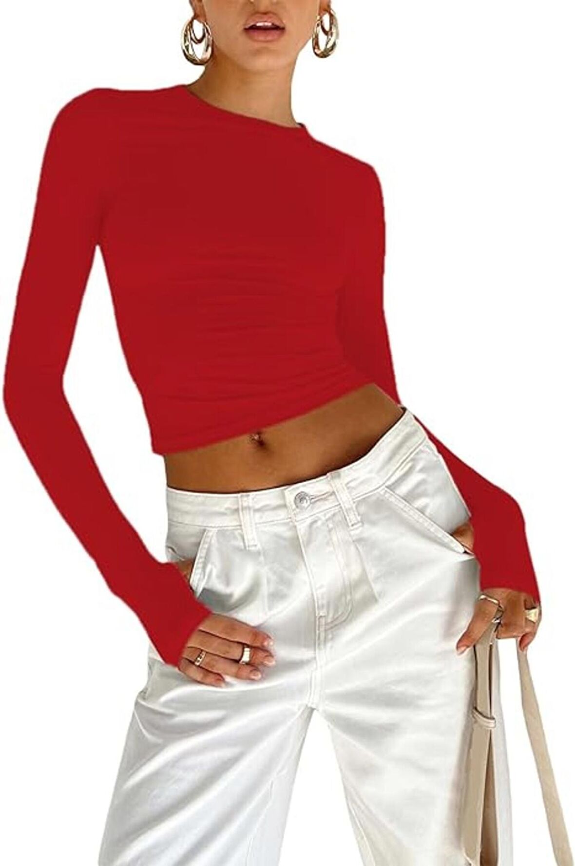 Kırmızı Bisiklet Yaka Bluz Darkalıp Ribana Kumaş Parmak Detaylı Basic Body