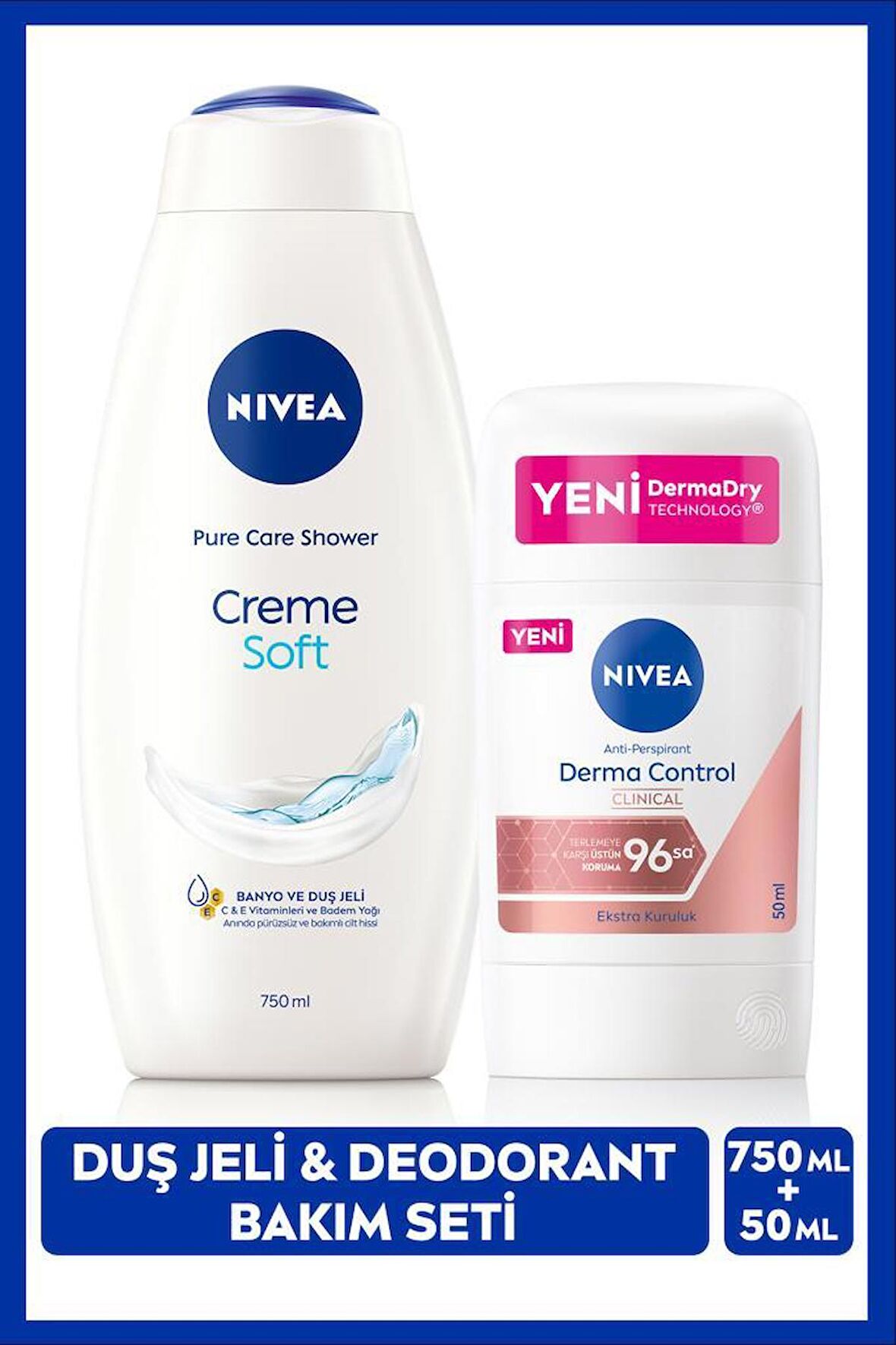 Kadın Creme Soft Duş Jeli 750ml ve Stick Deodorant Derma Control Clinical 50ml, 96 Saat Ter Koruması