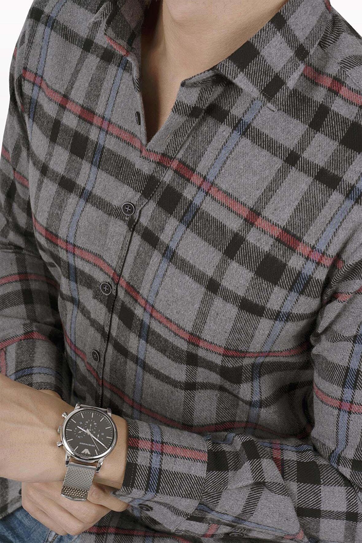 Füme Kırmızı Çizgili Slimfit Oduncu Gömlek