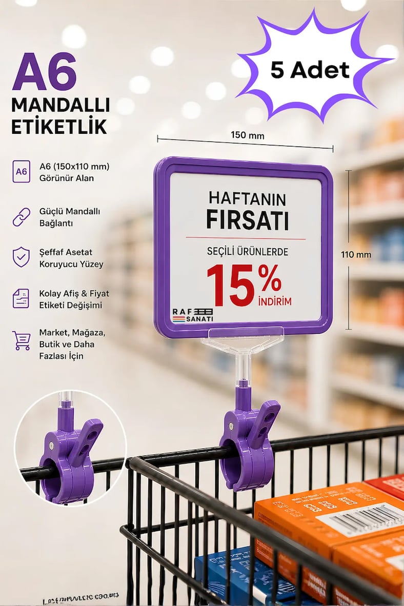 5 Adet - A6 Fiyatlık Mandallı Etiketlik | Sepet Raf Askılık Fiyat Etiketi Çerçeveli Market Mağaza Mor