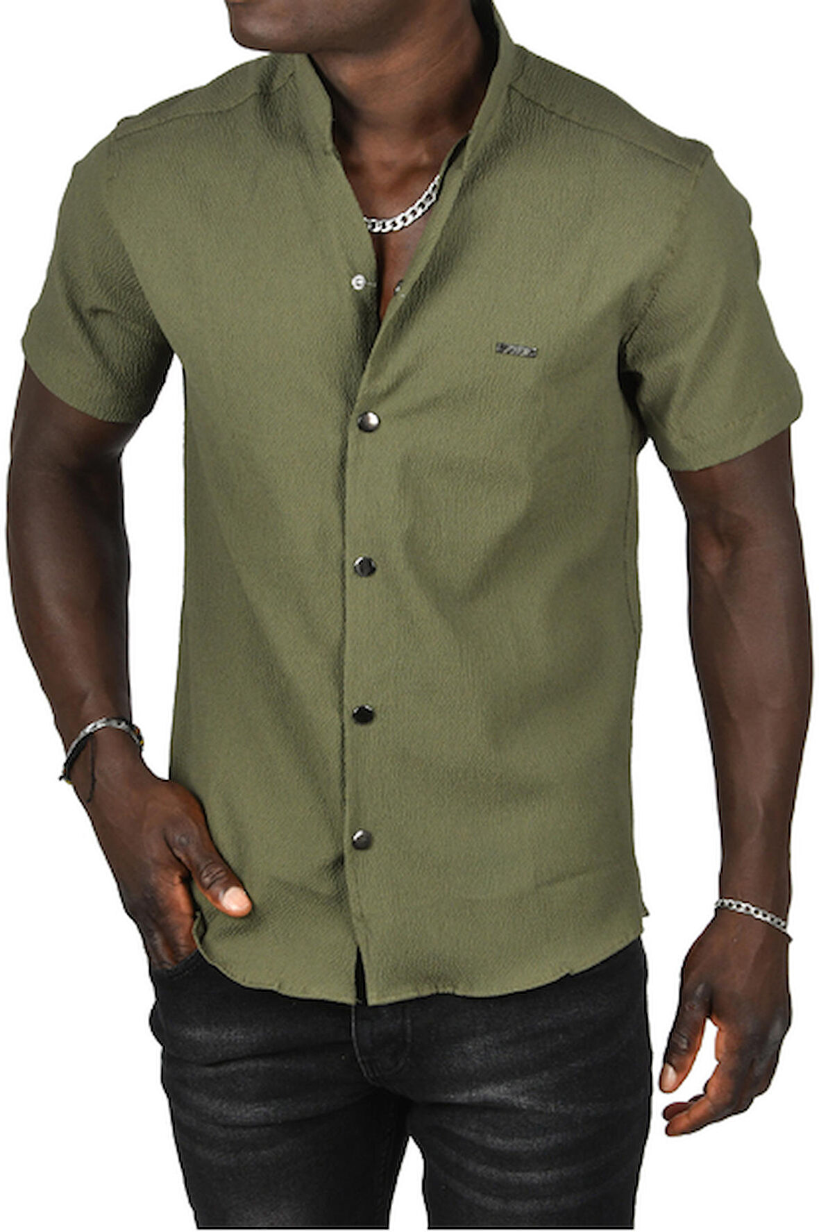 DeepSEA Erkek Haki Gofre Kumaş Hakim Yaka Slim Fit Likralı Çıtçıtlı Kısa Kollu Gömlek 2403018