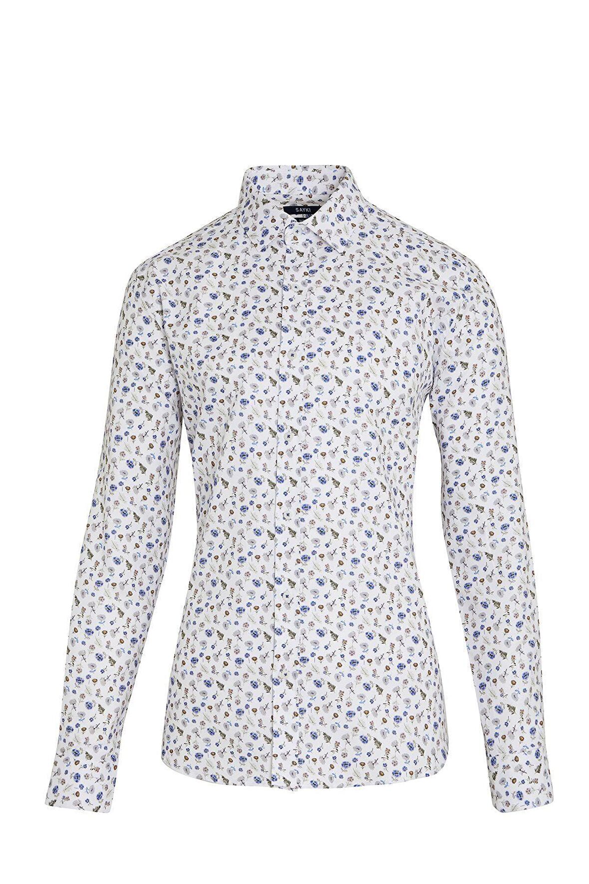 Beyaz Slim Fit Çiçek Desenli Gömlek | S