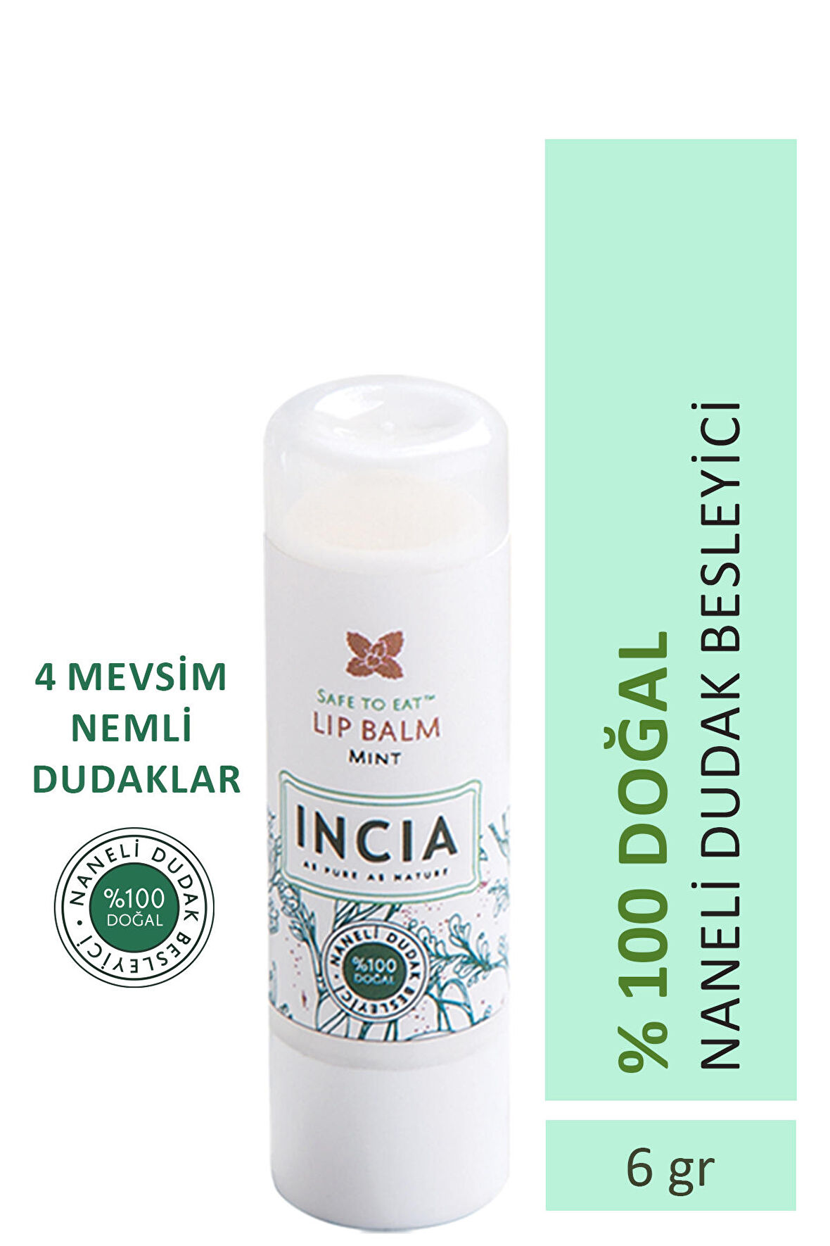 INCIA %100 Doğal Dudak Besleyici Nane Bitkisel Nemlendirici Dudak Bakım Kremi 6 G