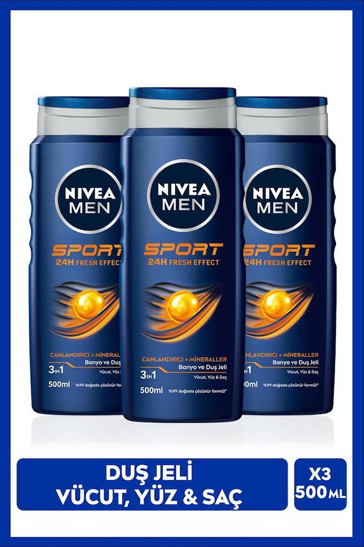 NIVEA MEN Erkek Canlandırıcı Banyo ve Duş Jeli Sports 500ml, Vücut Yüz Saç, Yenileyici Mineraller, X3 Adet