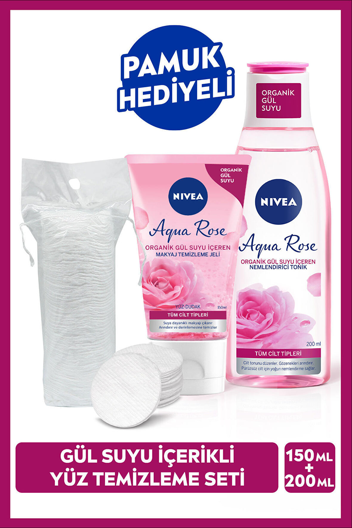 NIVEA Aqua Rose Organik Gül Suyu İçerikli Yüz Temizleme Jeli 150ml ve Nemlendirici Tonik 200ml, Makyaj Temizleyici, Yüz Bakım