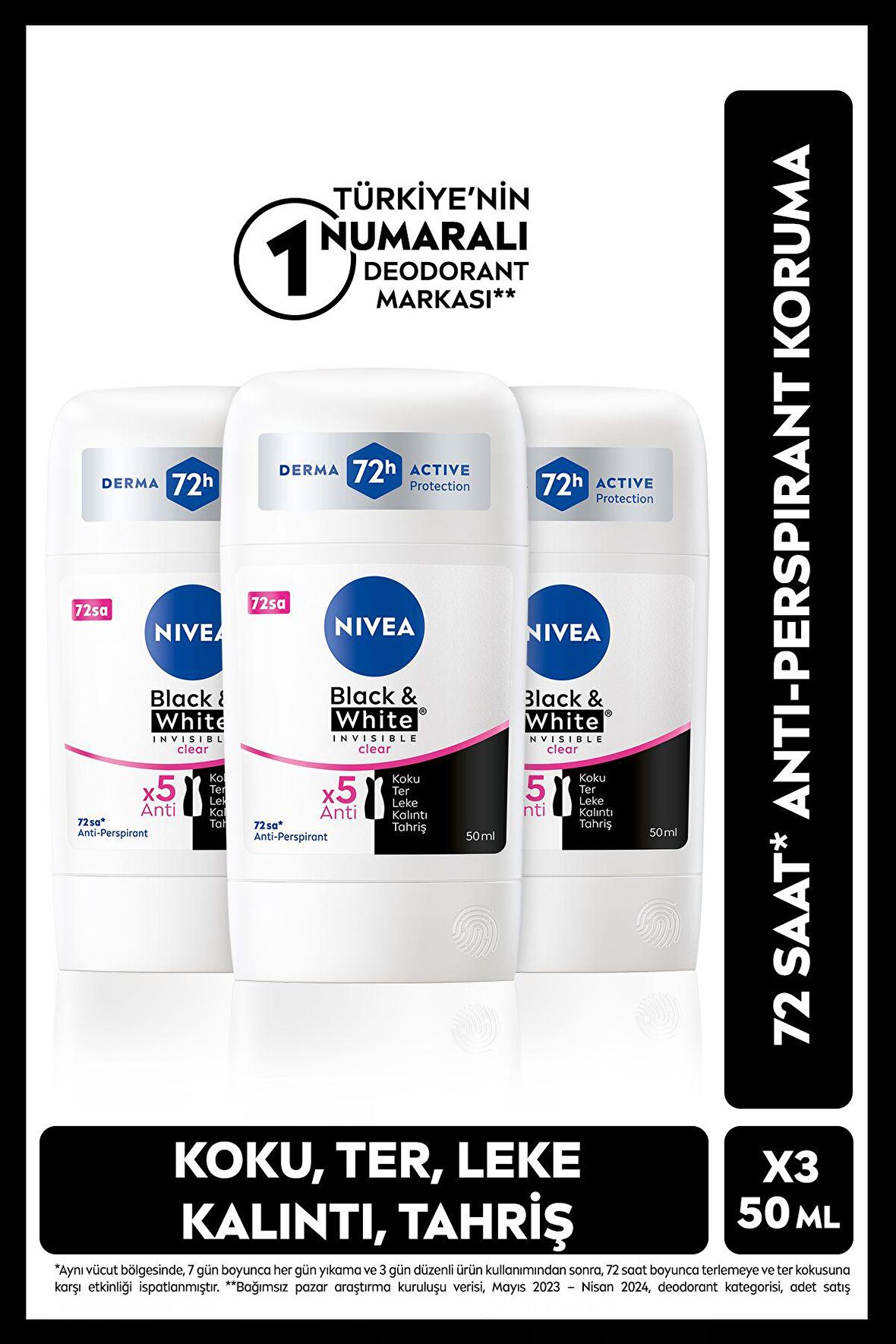 Nivea Kadın Stick Deodorant Black&White Invisible Clear 50ml, 72 Saat Anti-perspirant Ter Koruma, X3 Adet