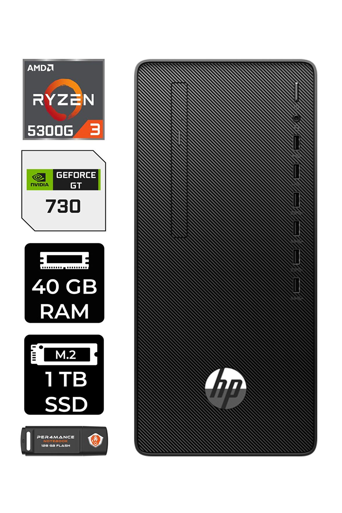 HP 295 G9 RYZEN 3 5300G 40GB RAM 1TB SSD GT730/4GB W11PRO 6D391EA MASAÜSTÜ PC & PER4 BELLEK