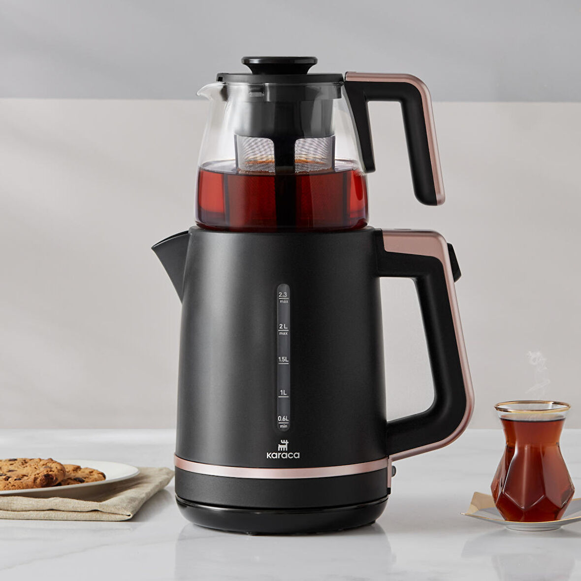 Karaca Maxi Tea Xl 2in1 Cam Demlikli Çay Makinesi Ve Kettle Roseberry