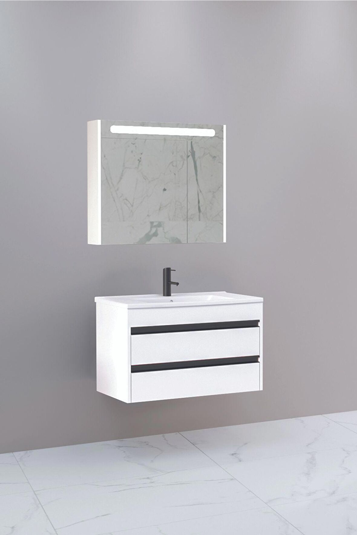 Levante 85 Cm Beyaz Lavabolu Banyo Dolabı Npl Aynalı - Boy Dolap Hariç