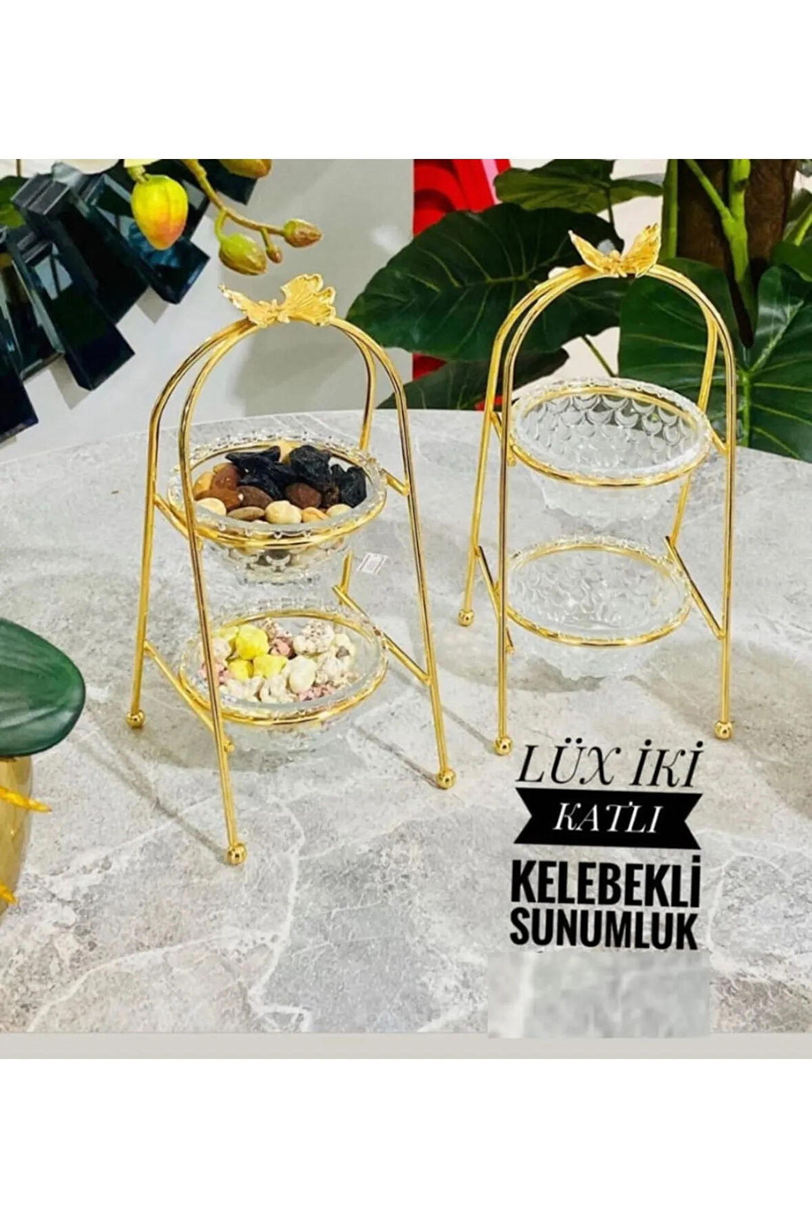 3'lü Lüx Iki Katlı Kelebekli Sunumluk