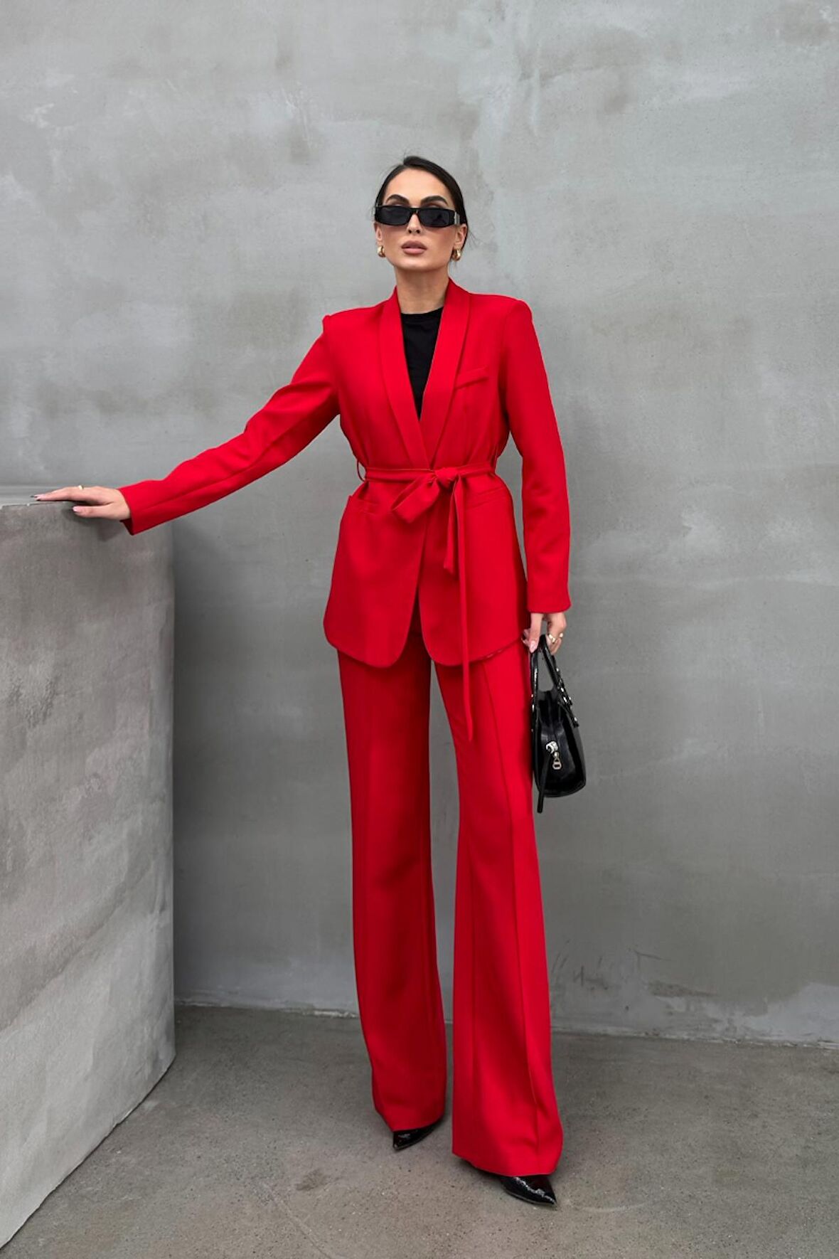 Kadın Ikili Kuşaklı Blazer Ceket Pantolon Takım