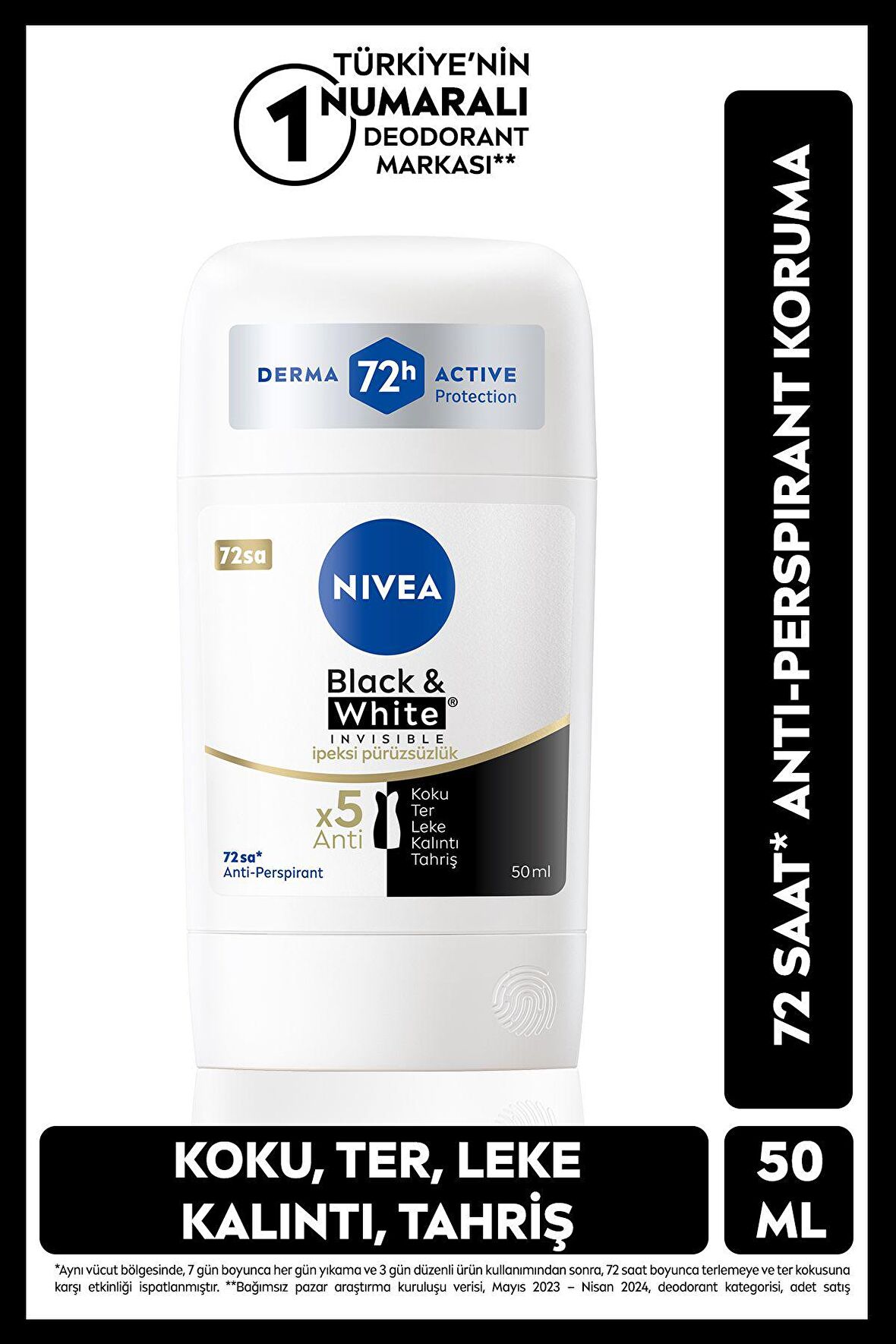 Nivea Kadın Stick Deodorant Black&white Invisible Ipeksi Pürüzsüzlük 50ml, 72 Saat Anti-perspirant Koruma