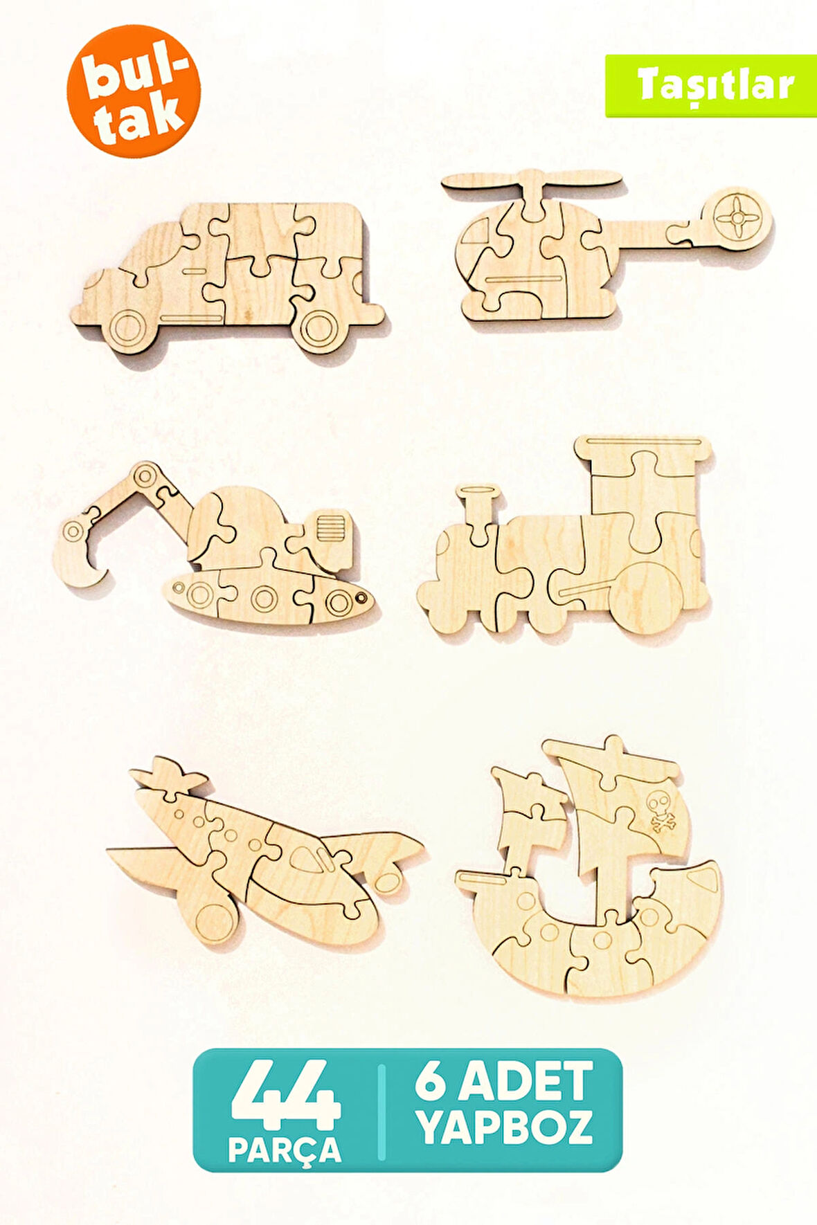Ahşap Taşıtlar Puzzle Seti | 6'lı Eğitici Yapboz | 44 Parça | Montessori Oyuncak - Eğitici Oyuncak