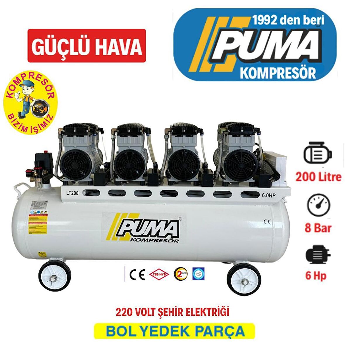 PUMA SESSİZ YAĞSIZ PİSTONLU KOMPRESÖR - 200 Lt - 6 HP - 8 Bar - Hava Üretimi: 800 Lt/dk. - 220 Volt