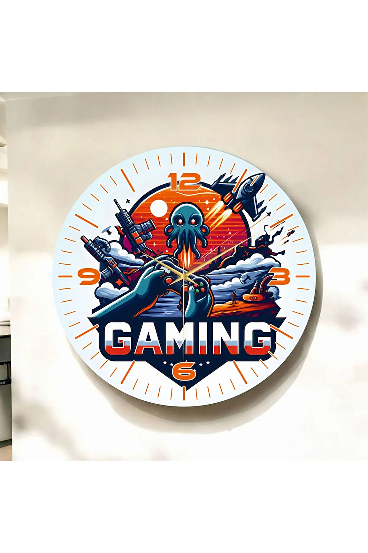 Gaming Yazılı Oyun Temalı Renkli Baskı Desenli Sayılı Hediyelik Ahşap Sessiz Duvar Saati 50cm