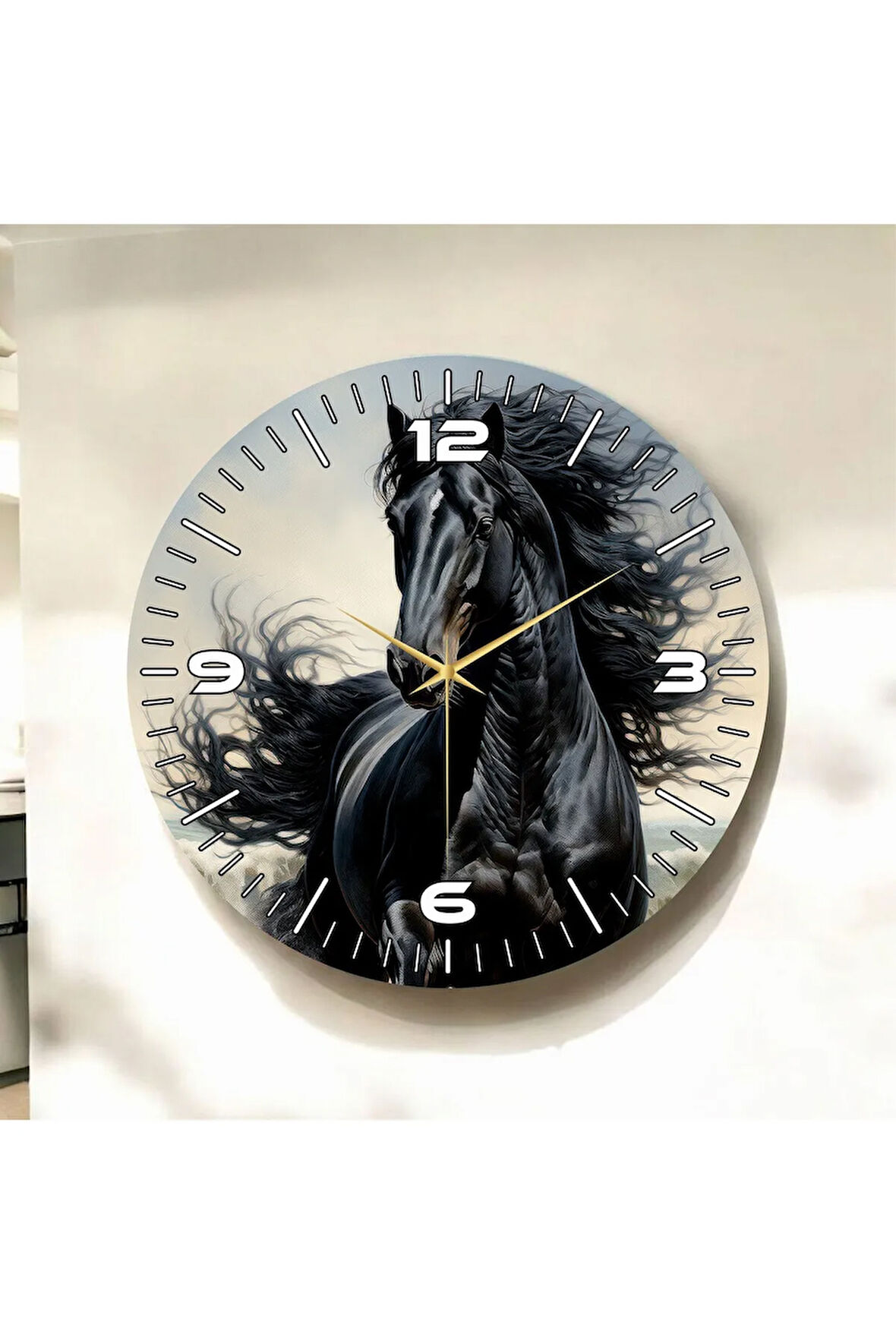 Siyah At Renkli Baskı Hayvan Desenli Sayılı Hediyelik Ahşap Sessiz Duvar Saati 50cm