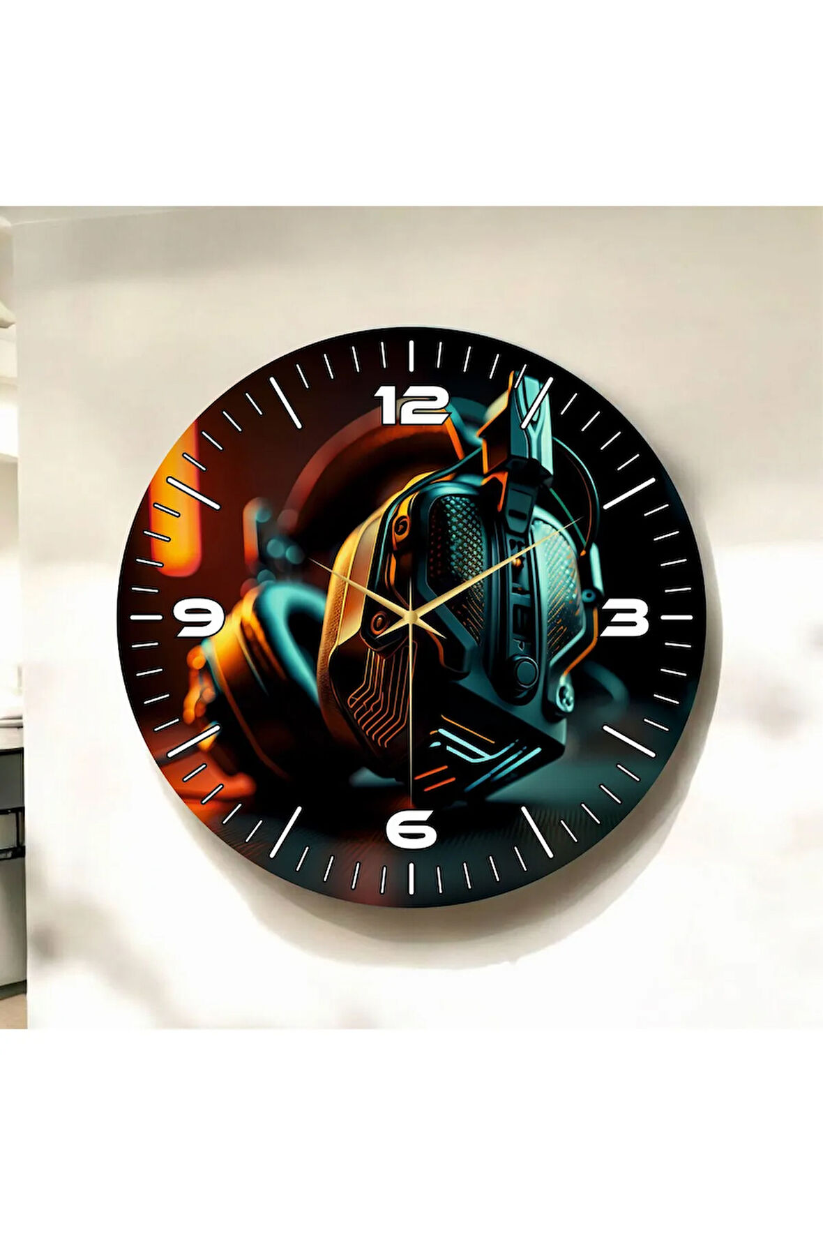 Gamer Oyuncu Renkli Baskı Kulaklık Desenli Sayılı Hediyelik Ahşap Sessiz Duvar Saati 50cm