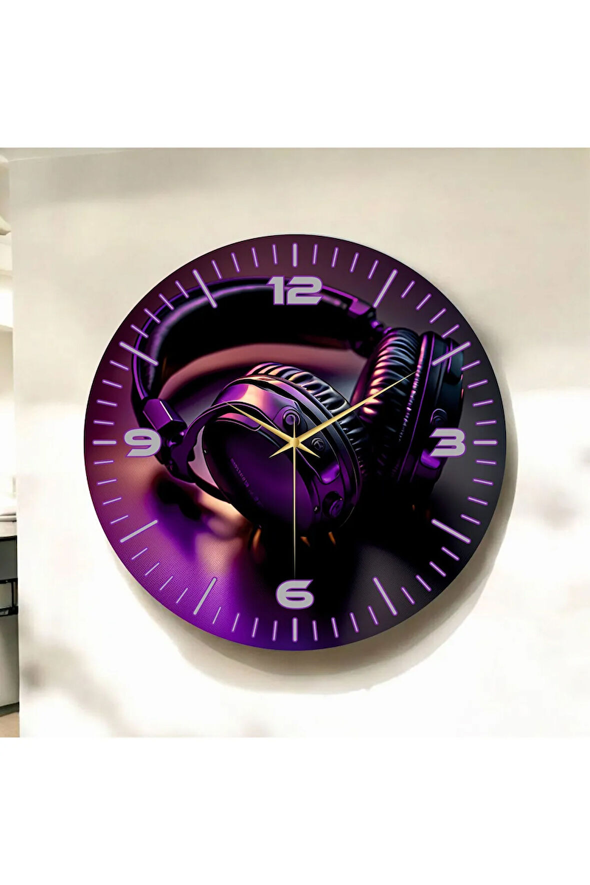 Gamer Kulaklık Tasarımlı Renkli Baskı Desenli Sayılı Hediyelik Ahşap Sessiz Duvar Saati 50cm