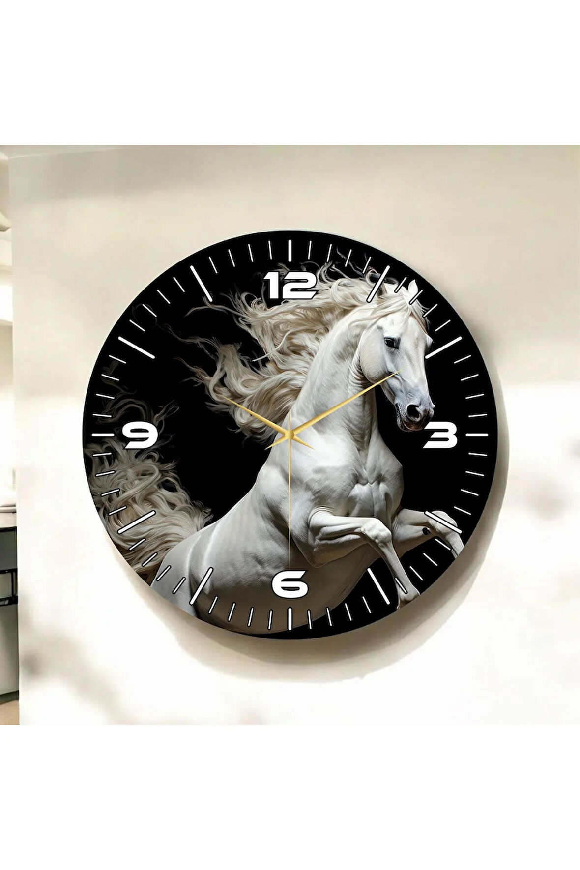 Beyaz At Siyah Renkli Baskı Hayvan Desenli Sayılı Hediyelik Ahşap Sessiz Duvar Saati 50cm