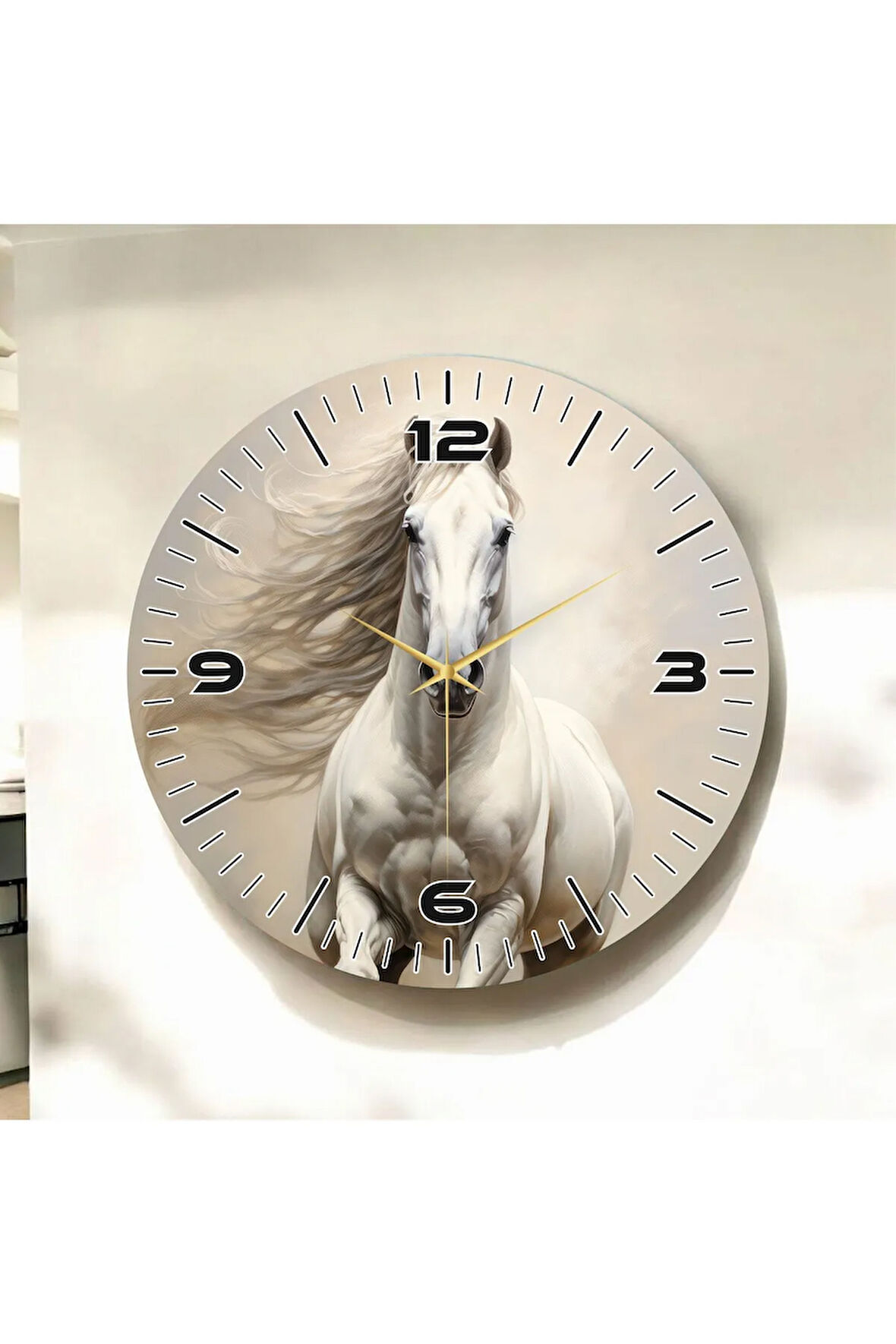 Şık Beyaz Renkli At Baskılı Hayvan Desenli Sayılı Hediyelik Ahşap Sessiz Duvar Saati 50cm
