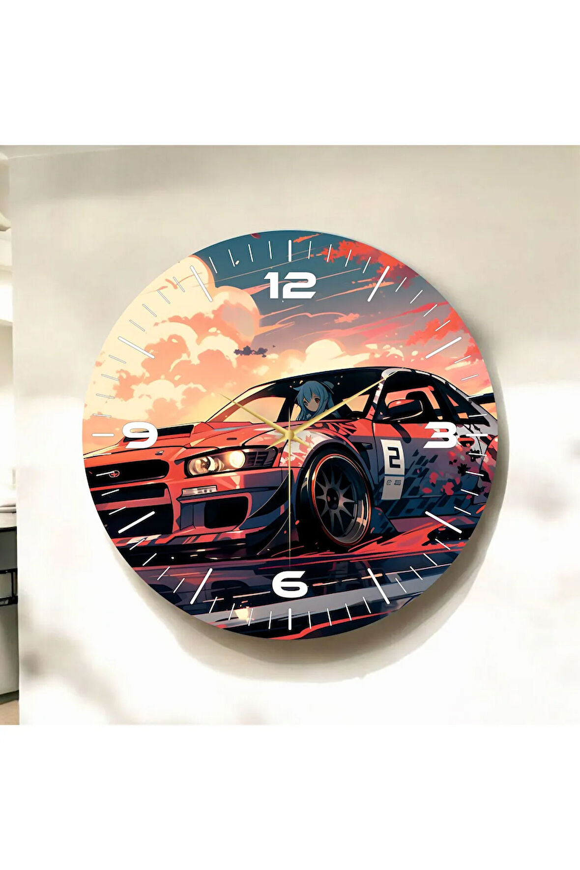 Renkli Baskı Araba Desenli Sayılı Hediyelik Ahşap Sessiz Duvar Saati 50cm