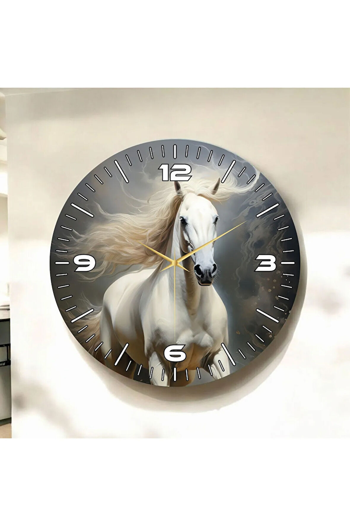Renkli Baskı At Desenli Sayılı Hediyelik Ahşap Sessiz Duvar Saati 50cm