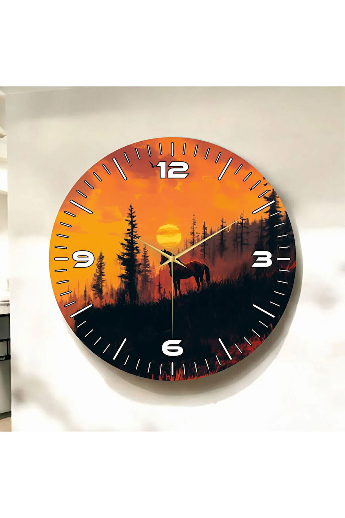 Renkli Baskı Gün Batımı Orman Ve At Desenli Sayılı Hediyelik Ahşap Sessiz Duvar Saati 50cm