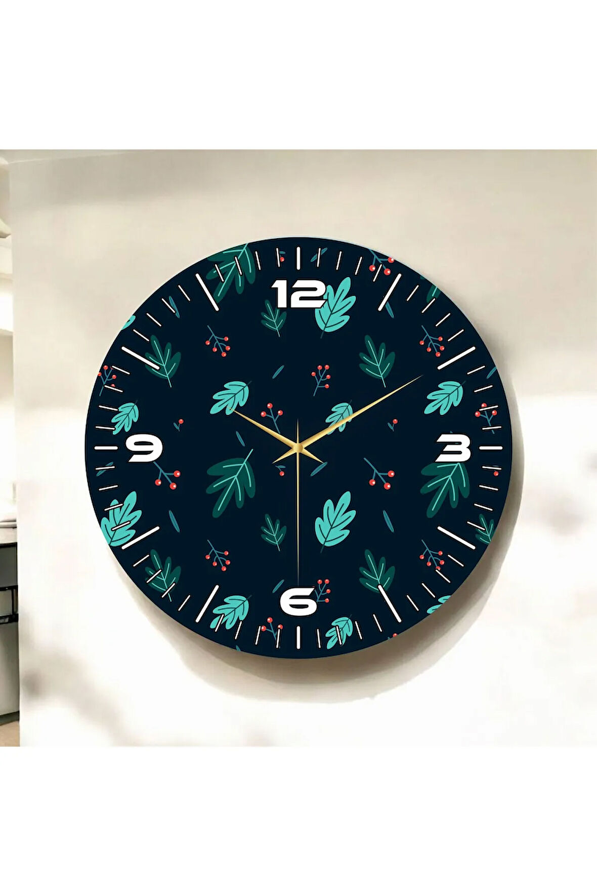 Renkli Baskı Yaprak Çiçek Desenli Sayılı Hediyelik Ahşap Sessiz Duvar Saati 50cm