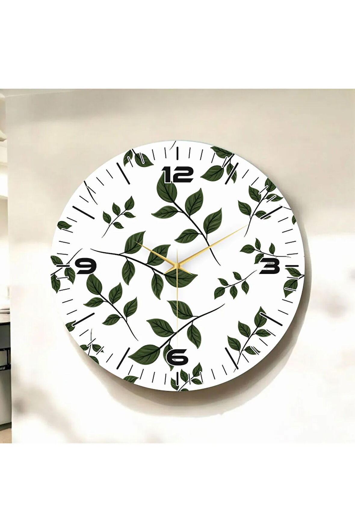 Beyaz Renkli Baskı Yaprak Desenli Sayılı Hediyelik Ahşap Sessiz Duvar Saati 50cm