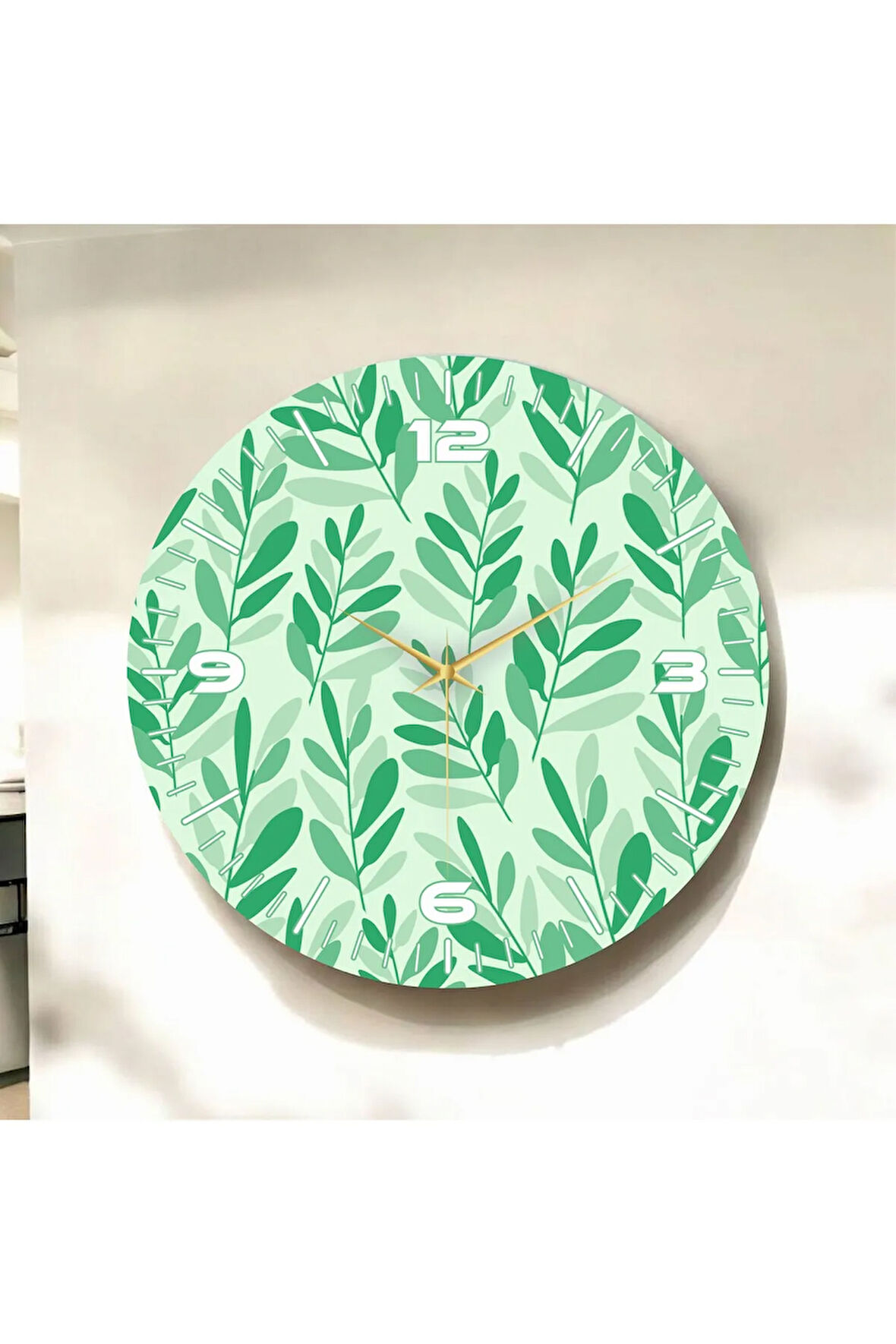 Yeşil Renkli Baskı Çiçek Desenli Sayılı Hediyelik Ahşap Sessiz Duvar Saati 50cm