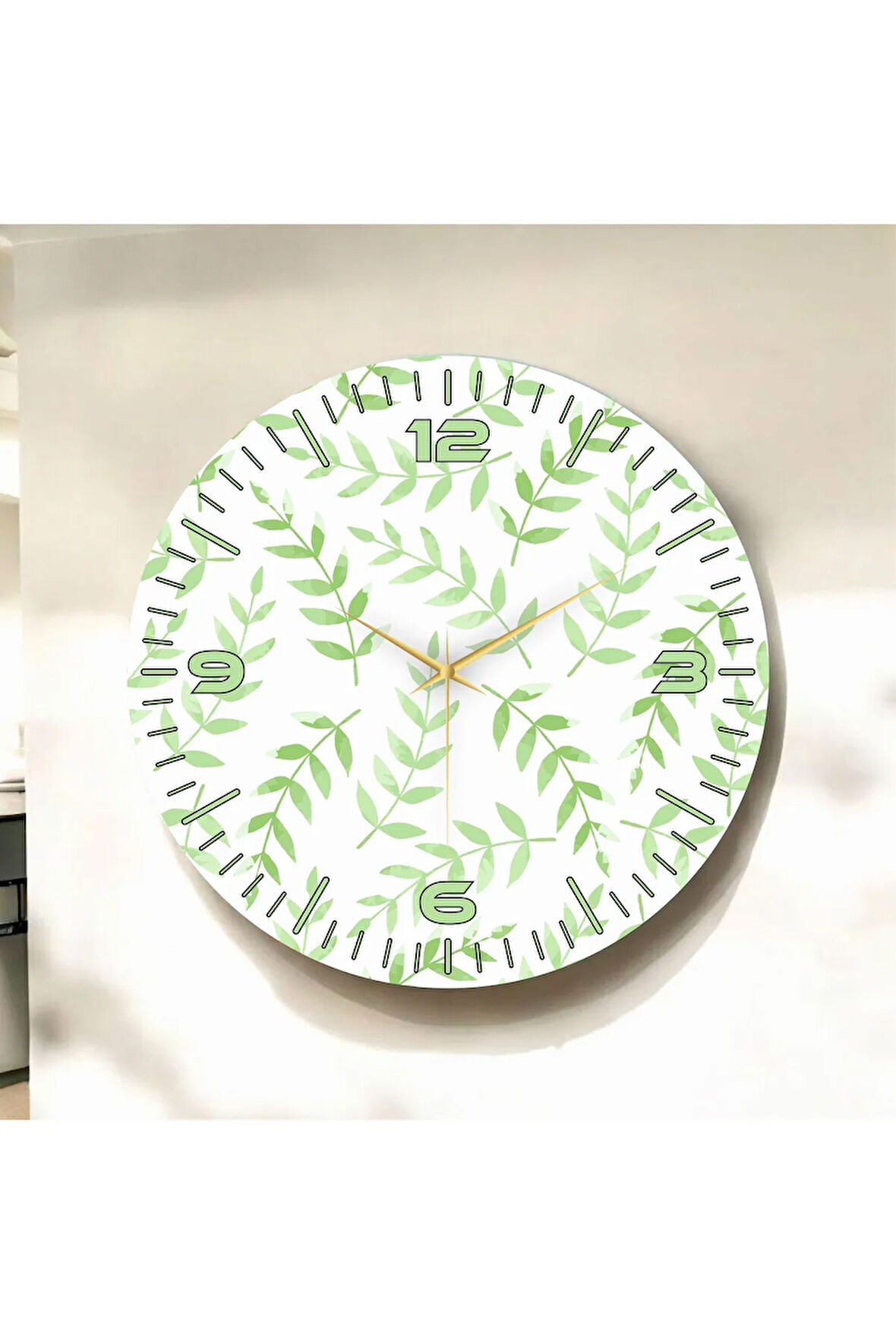 Renkli Baskı Yaprak Bitki Desenli Sayılı Hediyelik Ahşap Sessiz Duvar Saati 50cm