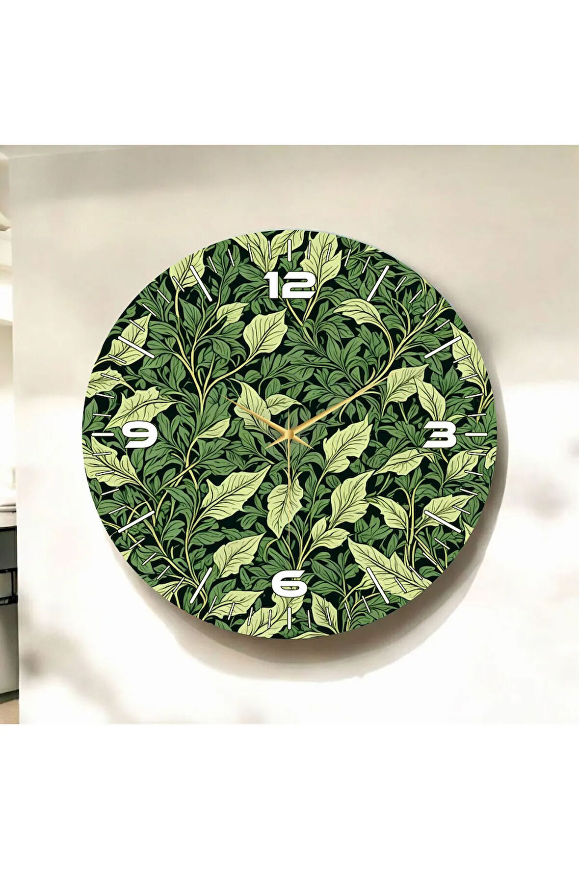 Yeşil Renkli Baskı Yaprak Desenli Sayılı Hediyelik Ahşap Sessiz Duvar Saati 50cm