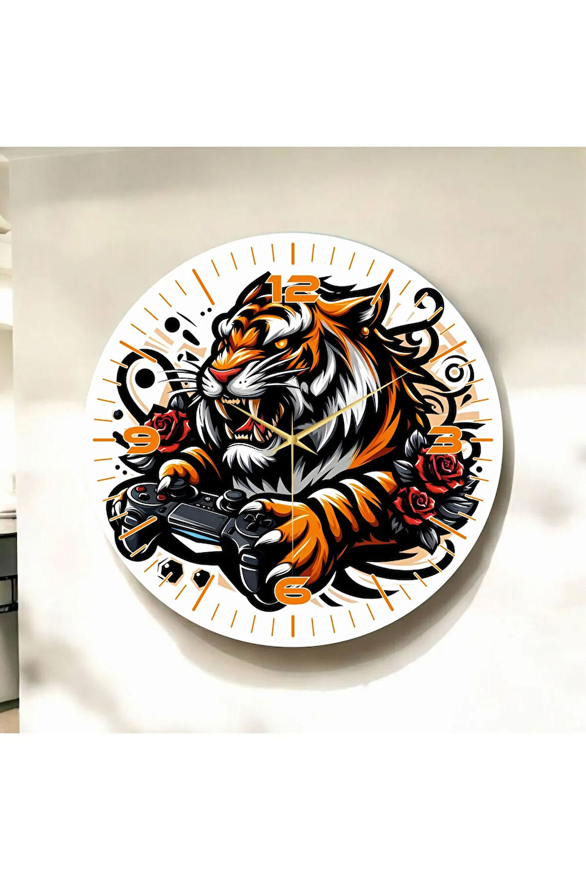 Renkli Baskı Karikatürize Gamer Kaplan Desenli Sayılı Hediyelik Ahşap Sessiz Duvar Saati 50cm