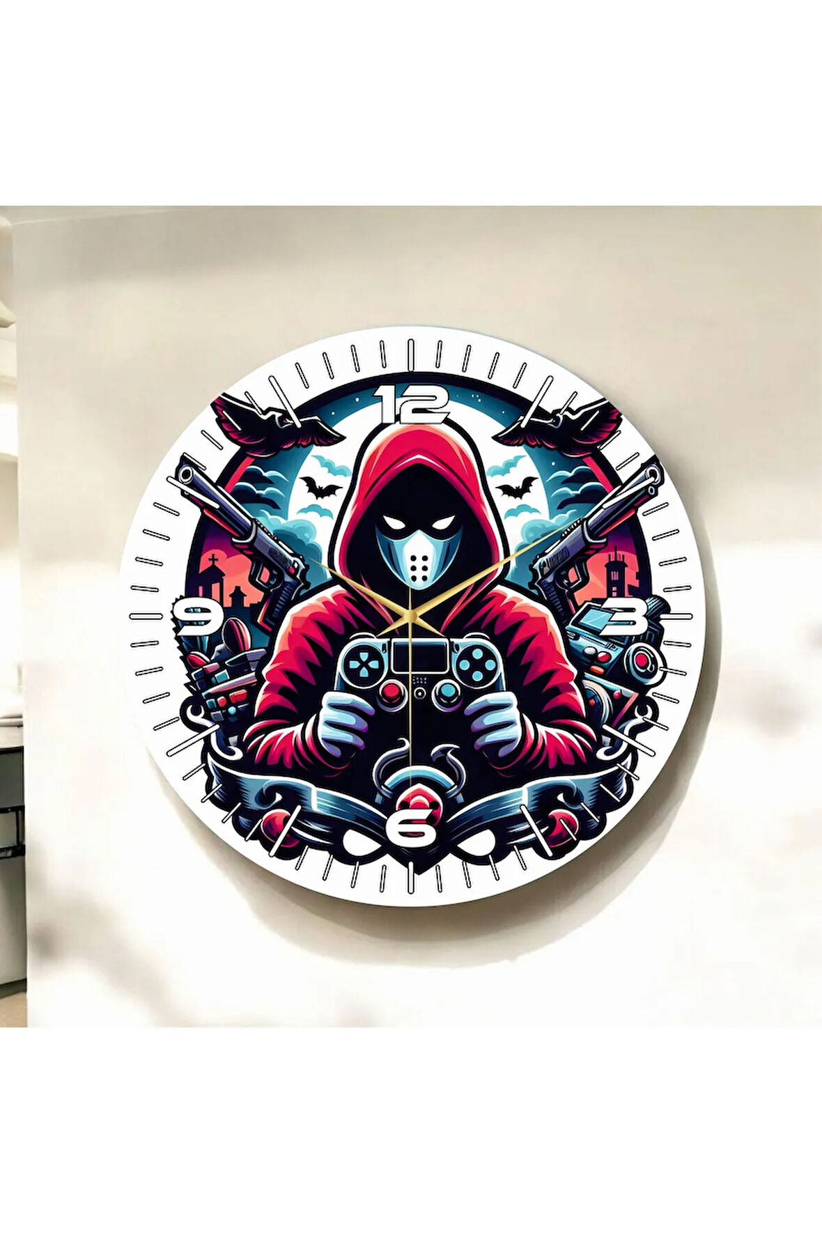Renkli Baskı Gamer Desenli Sayılı Hediyelik Ahşap Sessiz Duvar Saati 50cm