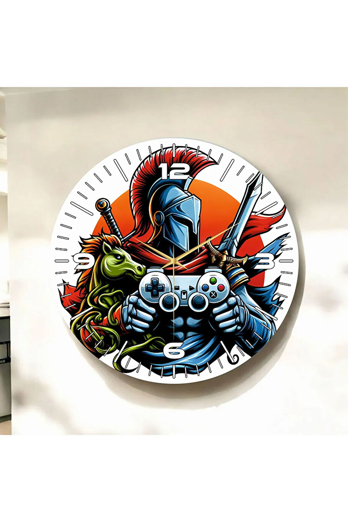 Renkli Baskı Gamer Şövalye Desenli Sayılı Hediyelik Ahşap Sessiz Duvar Saati 50cm