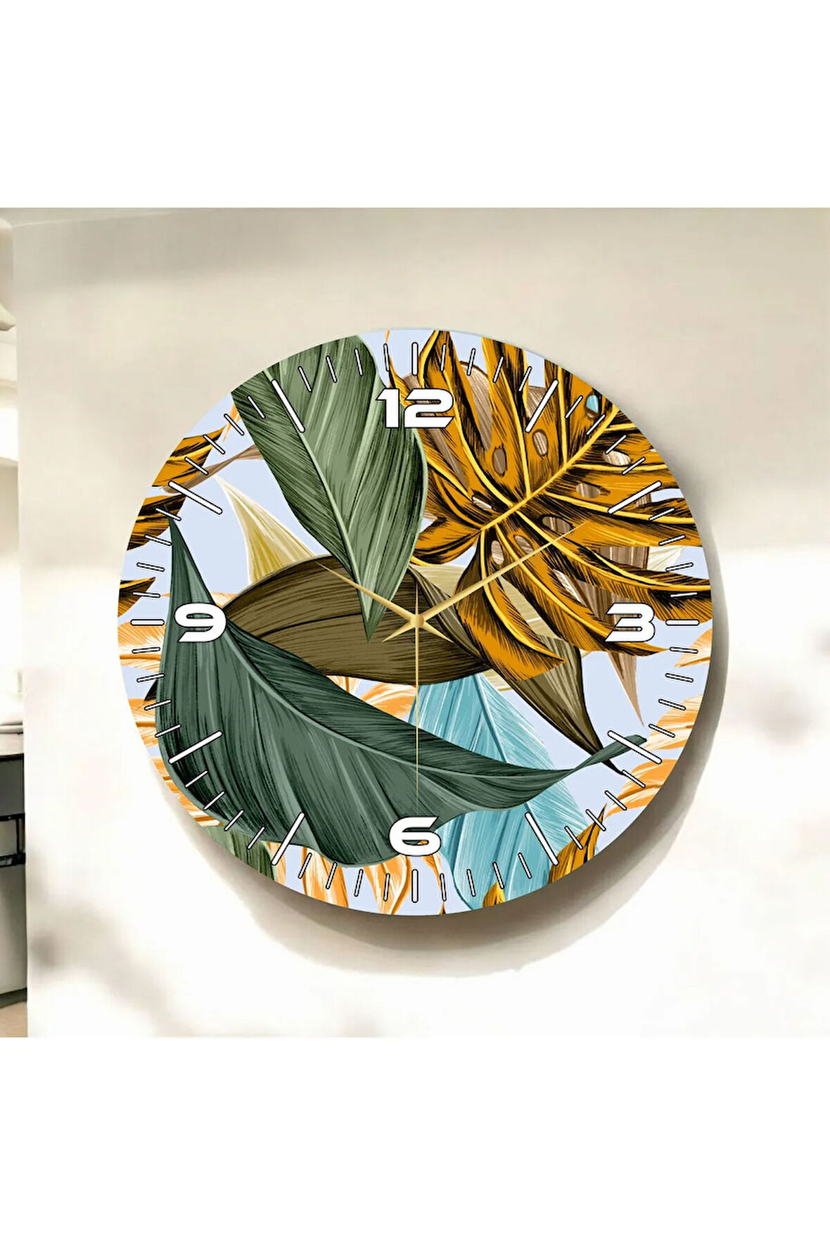 Renkli Baskı Yaprak Çiçek Desenli Sayılı Hediyelik Ahşap Sessiz Duvar Saati 50cm