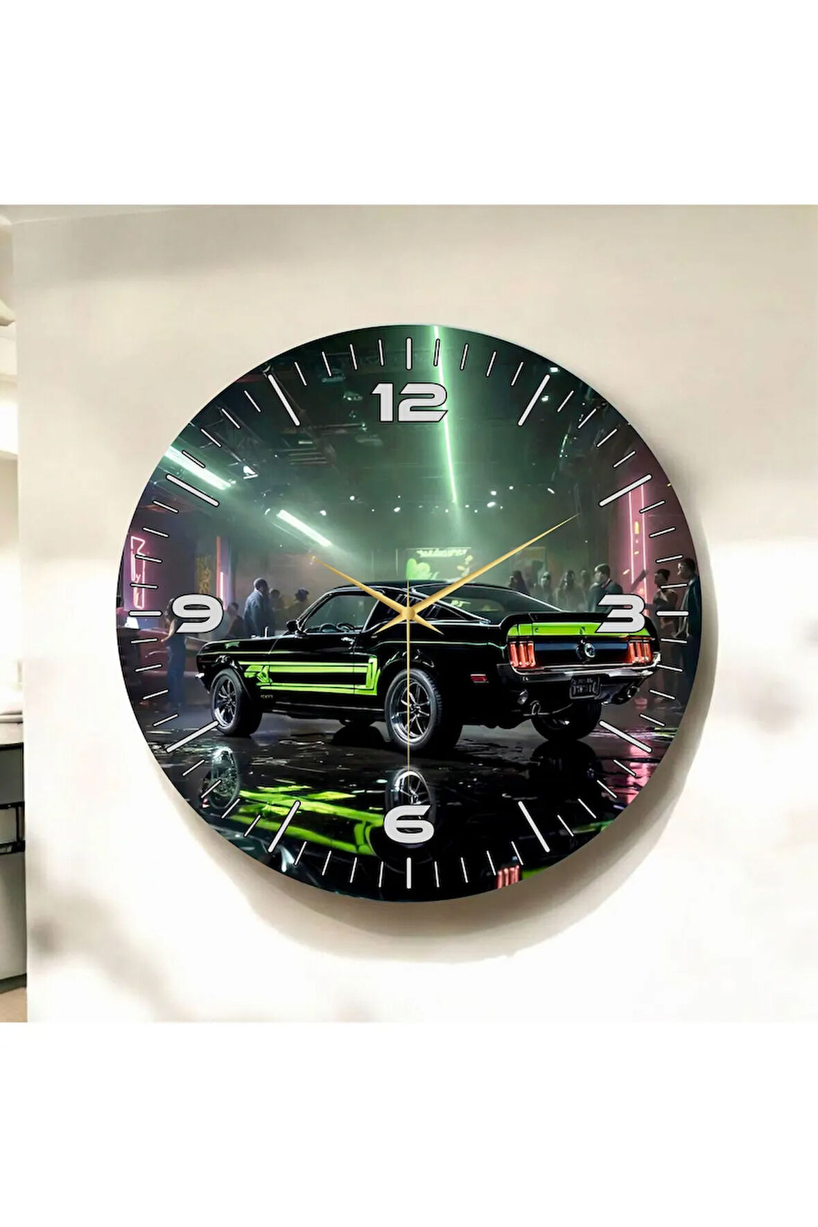 Renkli Baskı Araba Desenli Sayılı Hediyelik Ahşap Sessiz Duvar Saati 50cm