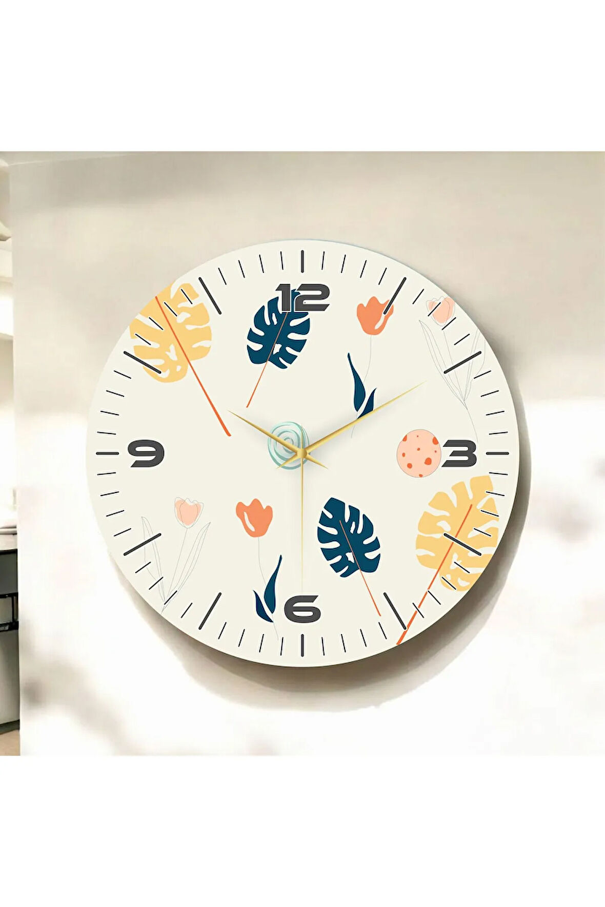 Beyaz Renkli Baskı Yaprak Desenli Sayılı Hediyelik Ahşap Sessiz Duvar Saati 50cm