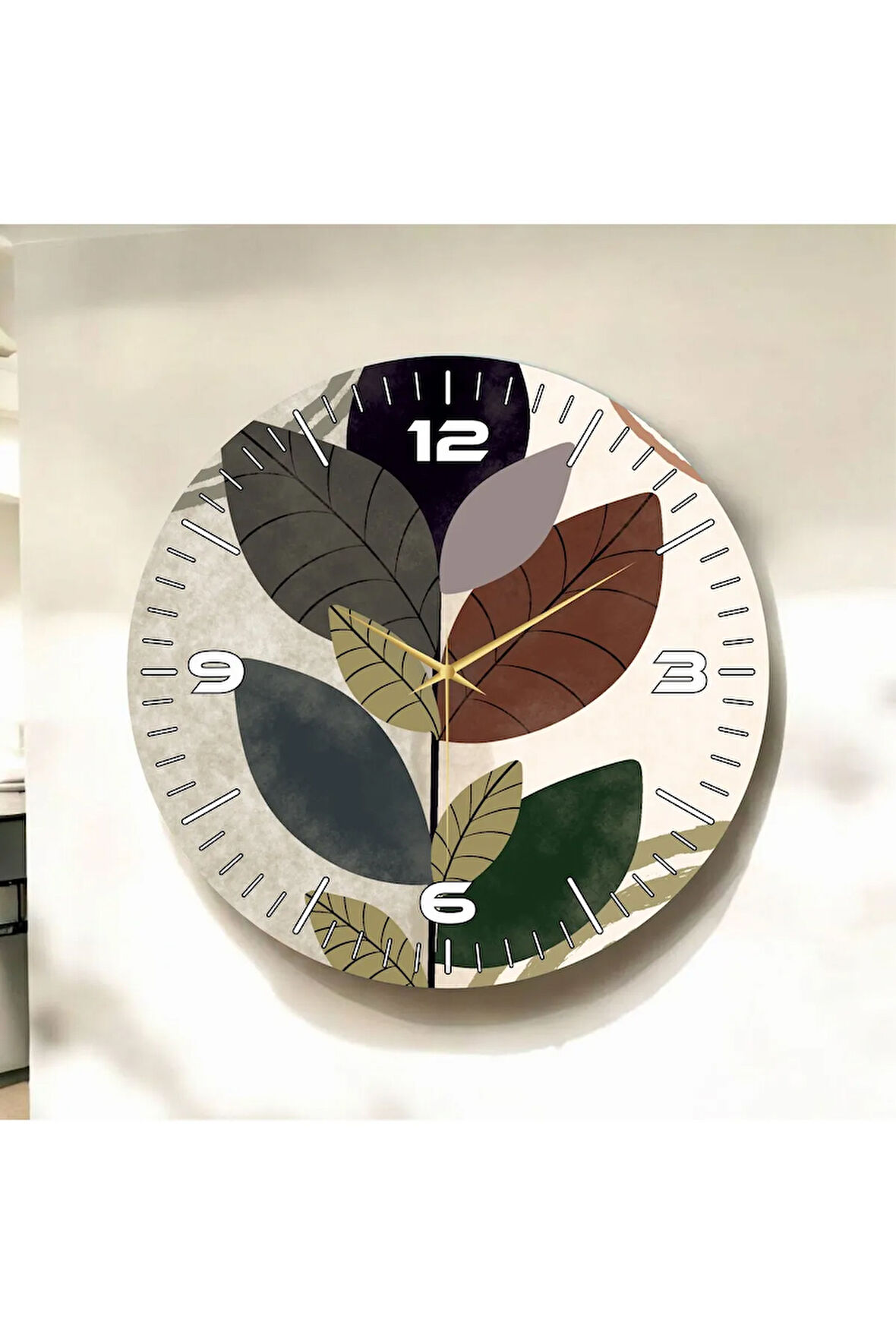 Renkli Baskı Çiçek Yaprak Desenli Sayılı Hediyelik Ahşap Sessiz Duvar Saati 50cm