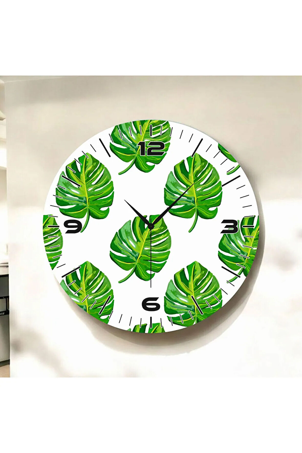 Beyaz Renkli Baskı Yaprak Desenli Sayılı Hediyelik Ahşap Sessiz Duvar Saati 50cm