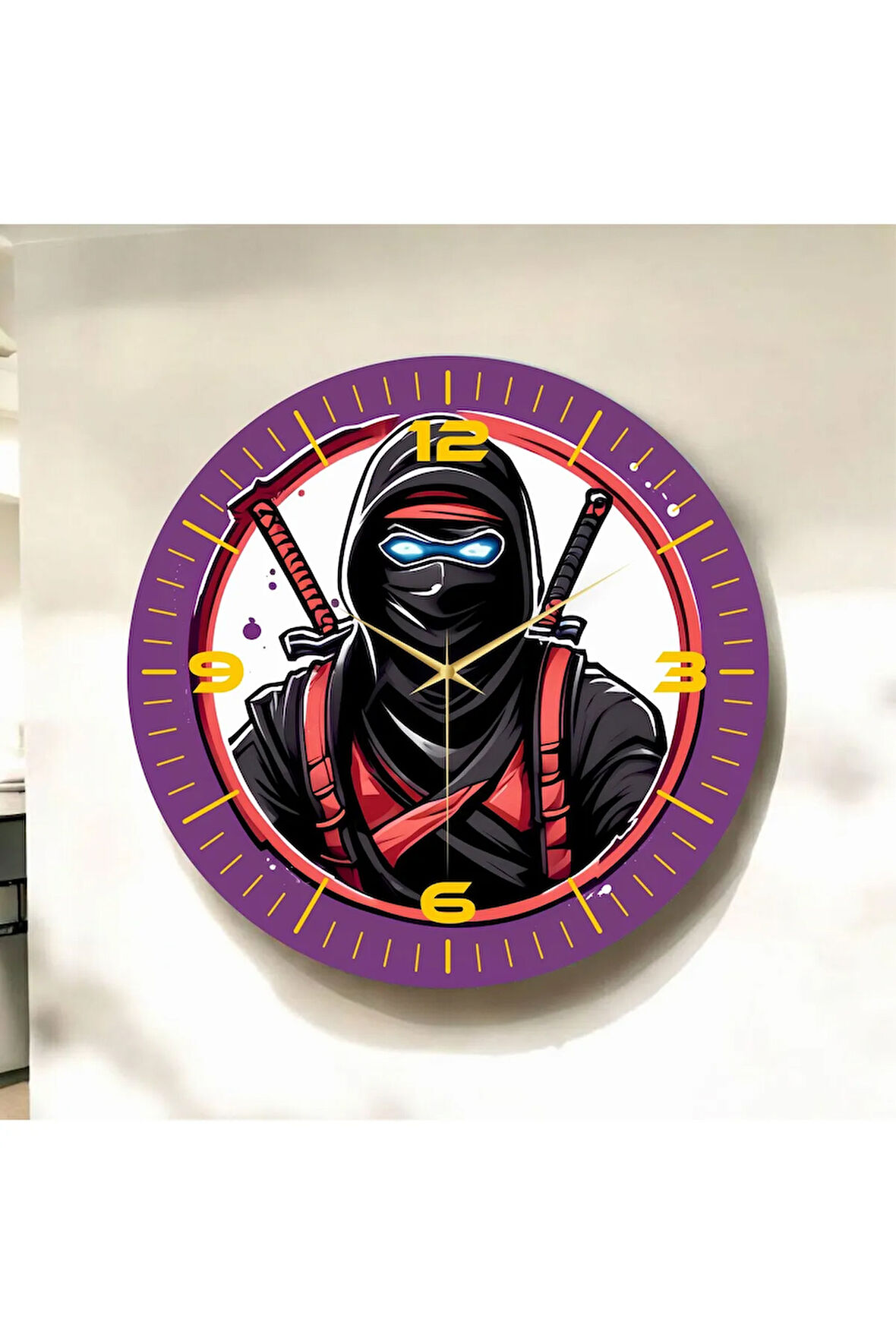 Renkli Baskı Gamer Oyuncu Ninja Desenli Sayılı Hediyelik Ahşap Sessiz Duvar Saati 50cm