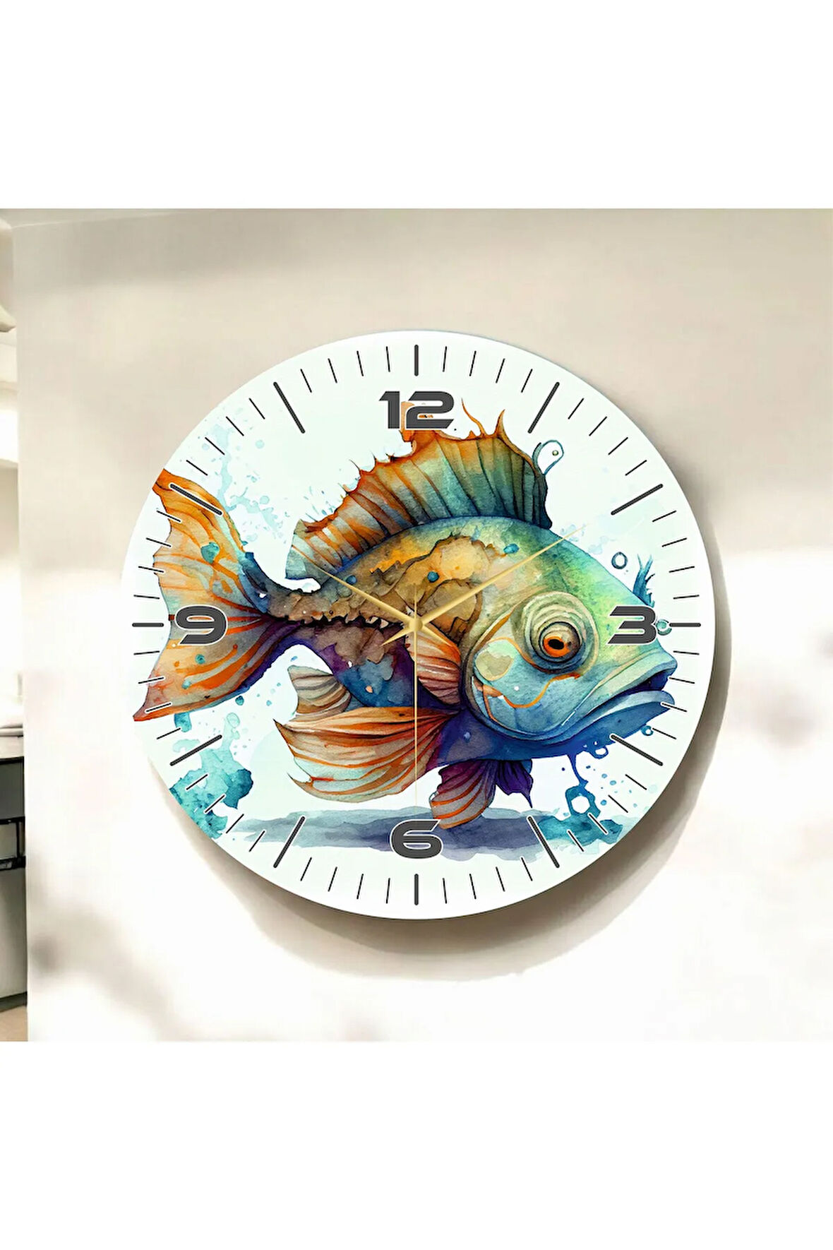 Renkli Baskı Balık Desenli Sayılı Hediyelik Ahşap Sessiz Duvar Saati 50cm