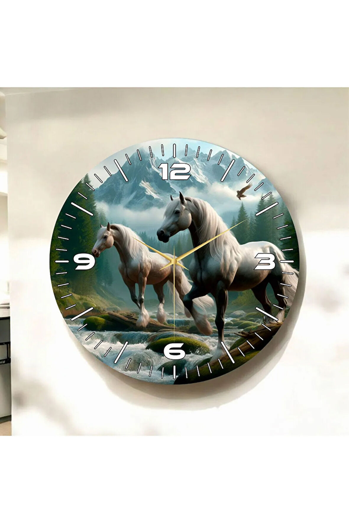Renkli Baskı At Desenli Sayılı Hediyelik Ahşap Sessiz Duvar Saati 50cm