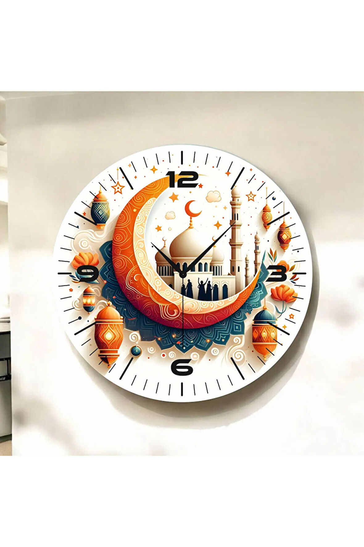 Renkli Baskı Dini Desenli Sayılı Hediyelik Ahşap Sessiz Duvar Saati 50cm